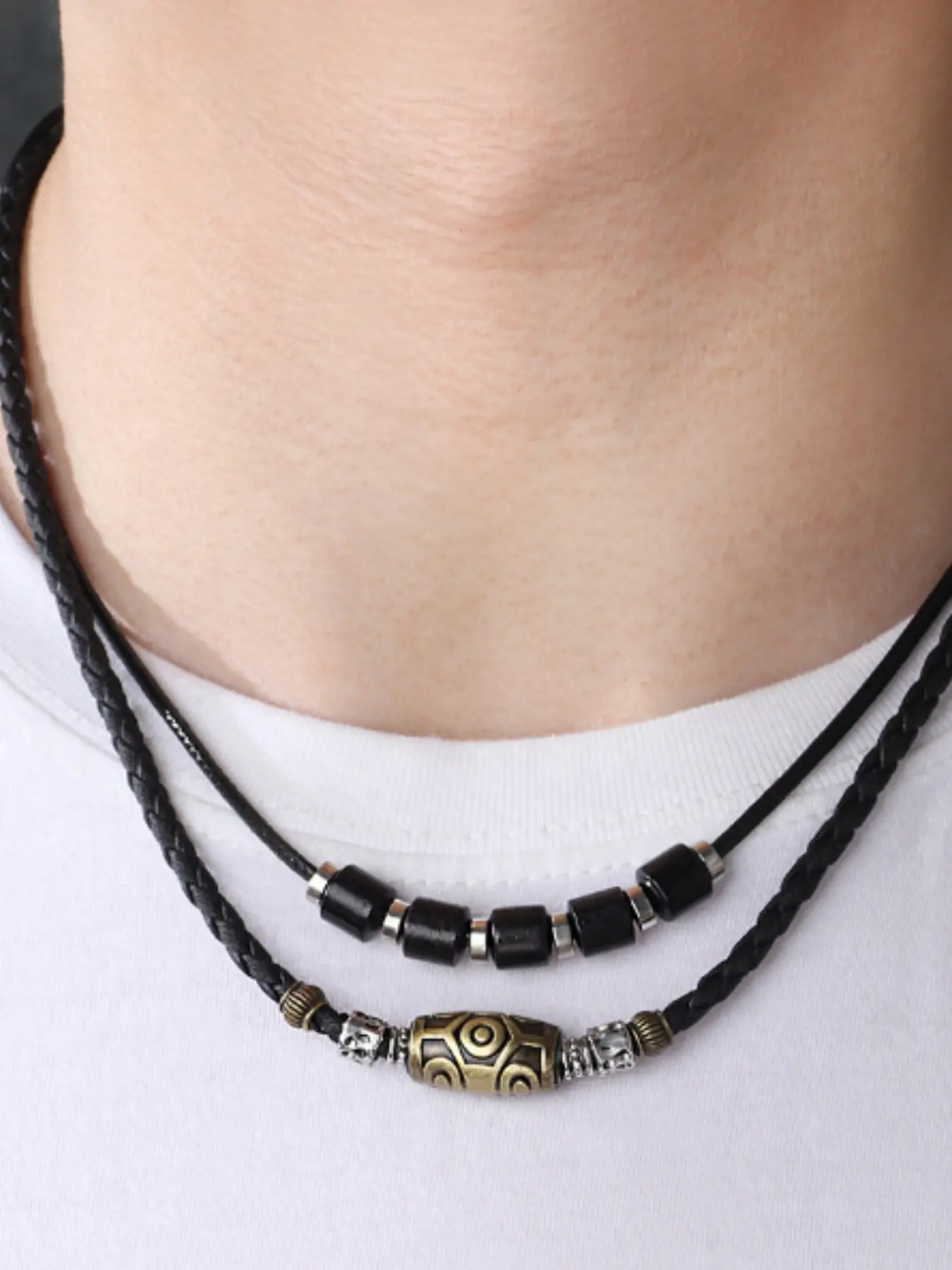 Men's Vintage Turquoise Dzi Necklace, Unique Braided Wax Rope Pendant, Elegant Clavicle Chain, High-End Accessory, Retro Style Jewelry