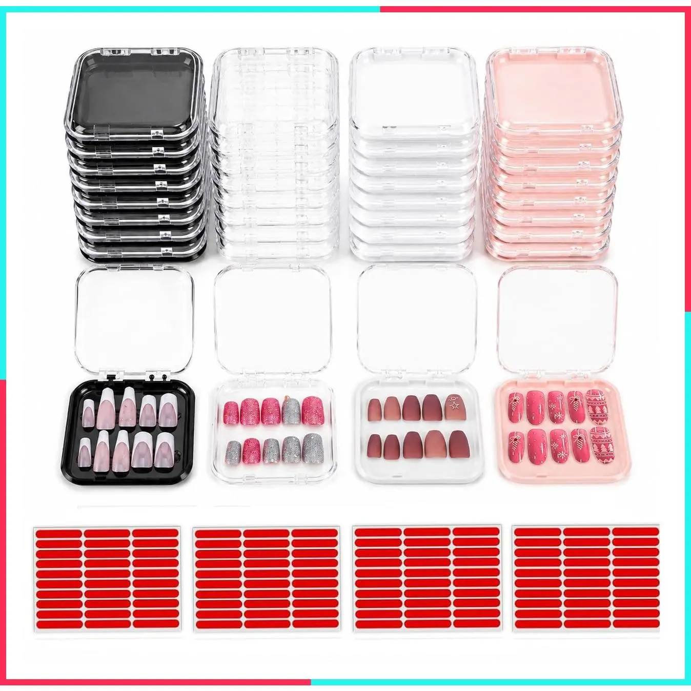 32 Pack 2.75 x 2.75 Inch Acrylic Press on Nail Display Boxes, Fake Nails Storage Containers with 120 Adhesive Tapes for Nail Art Salon Business