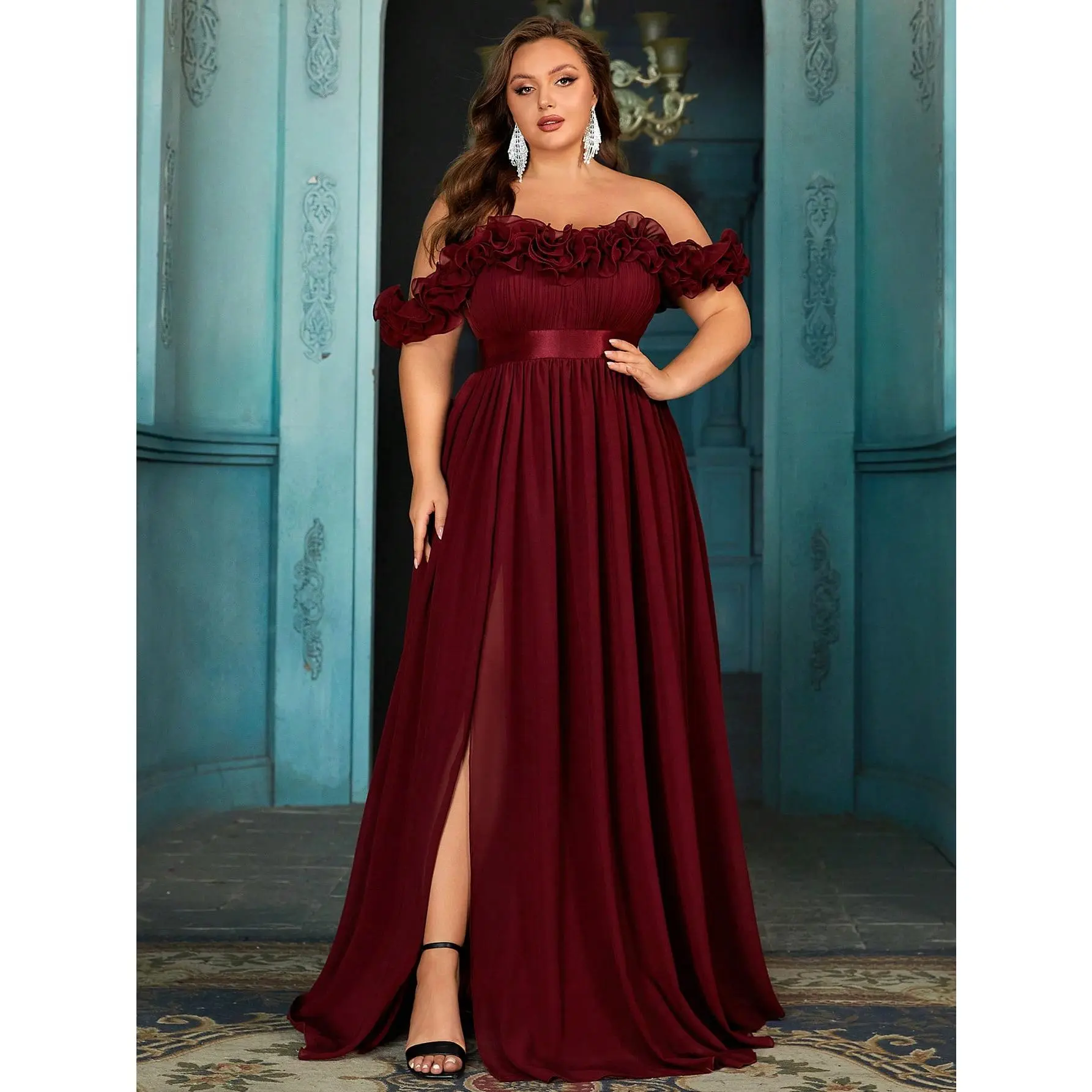 Off Shoulder Ruffle Chiffon Maxi Gown, Empire Waist High Slit Plus Size Formal Dress