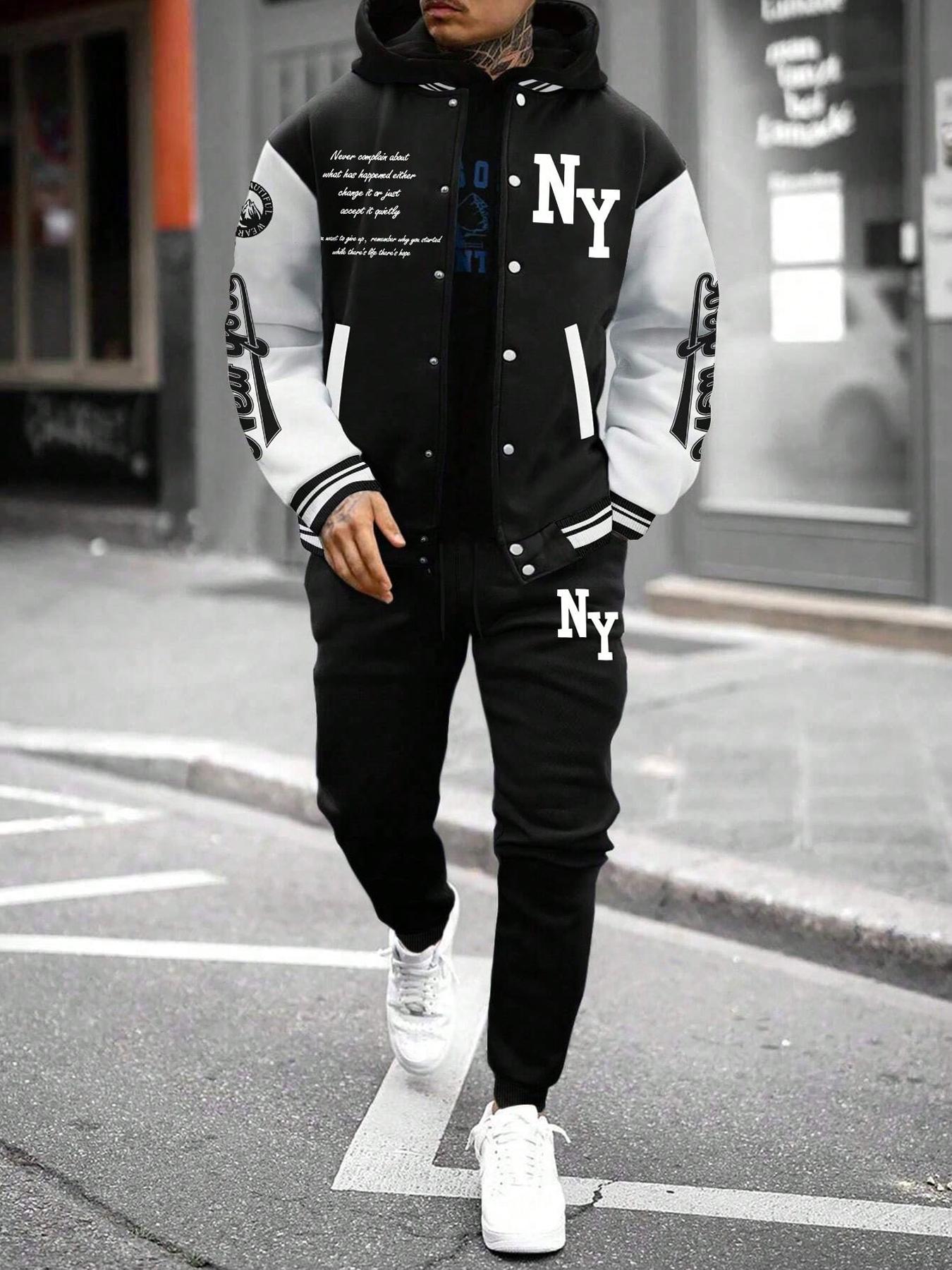 Men's Letter Print Baseball Jacket Long Sleeves & Sweatpants Two-Piece Set, Regular Fit Casual Fashion Cozy Breathable Two Piece Outfits for Daily Outdoor Wear, Men Clothes for Fall & Winter