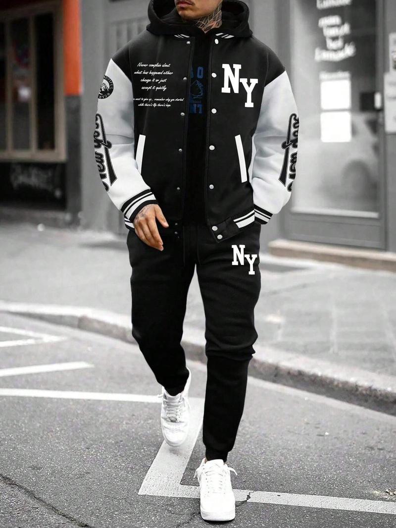Two-Piece Set Men's Colorblock Letter Print Button Front Jacket & Drawstring Waist Sweatpants, Regular Fit Casual Long Sleeve Outerwear & Pocket Jogger Pants for Daily Wear, Men's Outfits for Fall & Winter