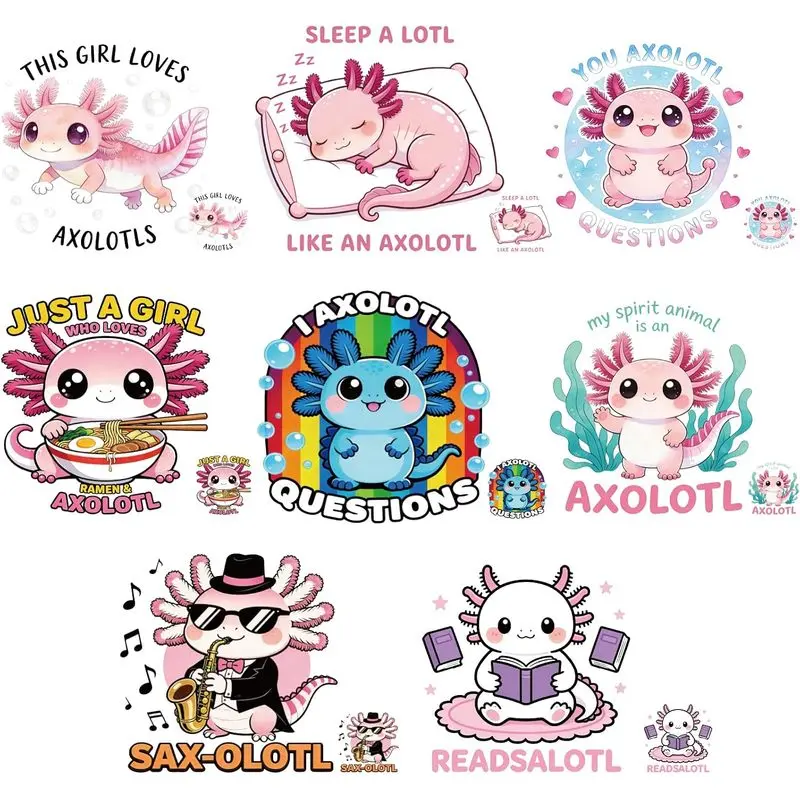 Cute Axolotl Iron on Transfer Paper Salamanders Funny Animals Heat Transfer Sticker Washable Iron on Decals for T Shirts DTF Transfers Ready to Press for Kids Clothing DIY Gift
