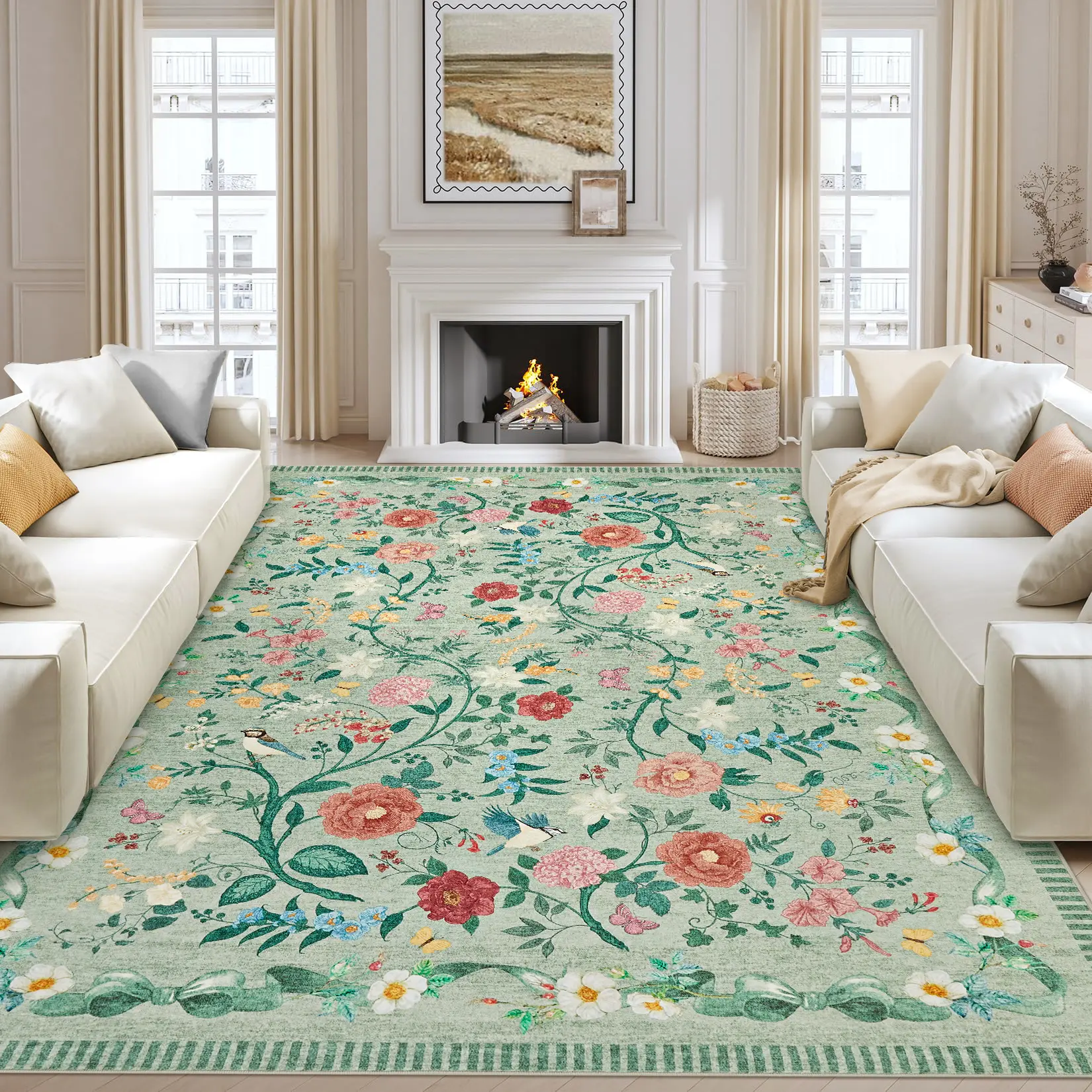 Polyester Fiber Rectangle Boho Vintage Washable Floor Rug - Machine-Washable Soft Non-Slip Low-Pile Boho Farmhouse Area Rug for Living Room, Bedroom Decor