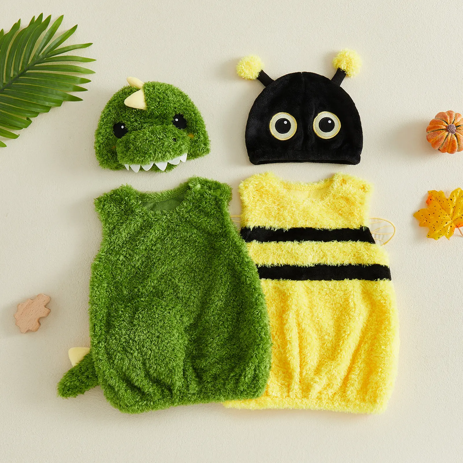 Toddler Baby Little Boy Girl Dinosaur/ Bee Costume Halloween Sleeveless Fuzzy Vest and Hat Fall Winter 0-3 Years