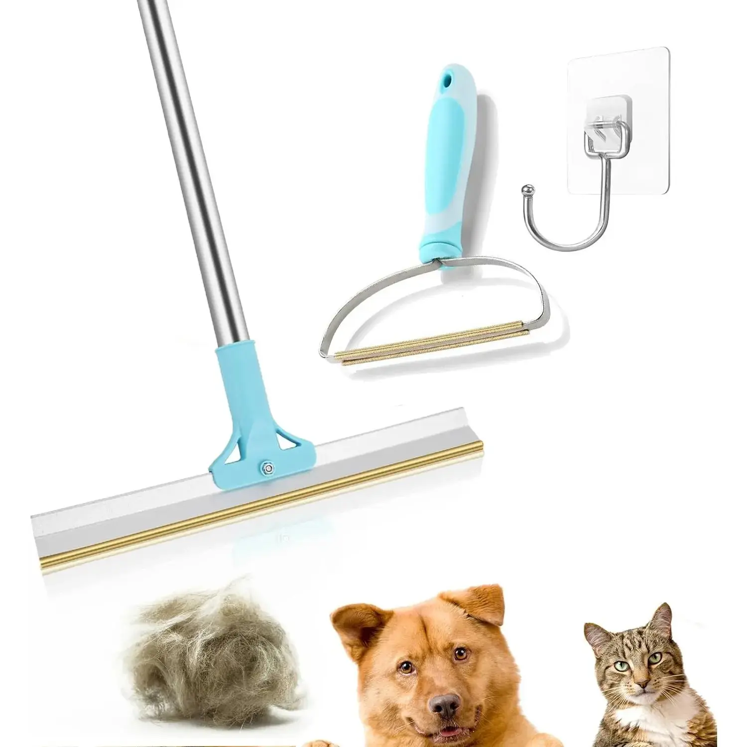 Reusable Pet Hair Remover Set, 3 Counts, with Adjustable Long Handle Lint Remover, Carpet Scraper & Hook, for Carpet, Rug, Mat, Couch, Furniture