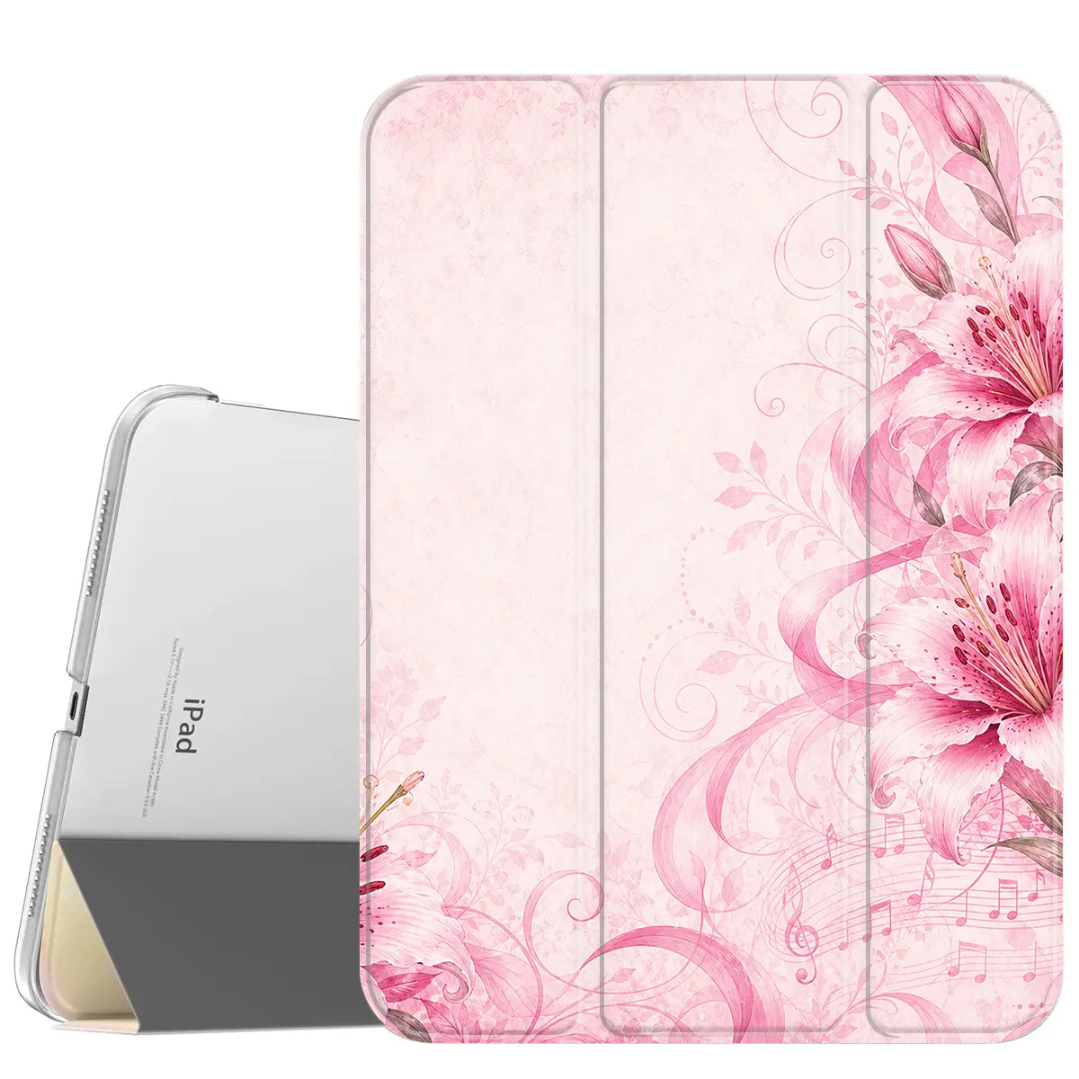 Vintage Pastel Pink Lily Floral Music Note iPad Protective Case for iPad Pro 11/12.9, iPad Air 6/5/4, iPad 10/9/8/7, iPad Mini 7/6, Lightweight Tri Fold Auto Sleep Wake Tablet Cover