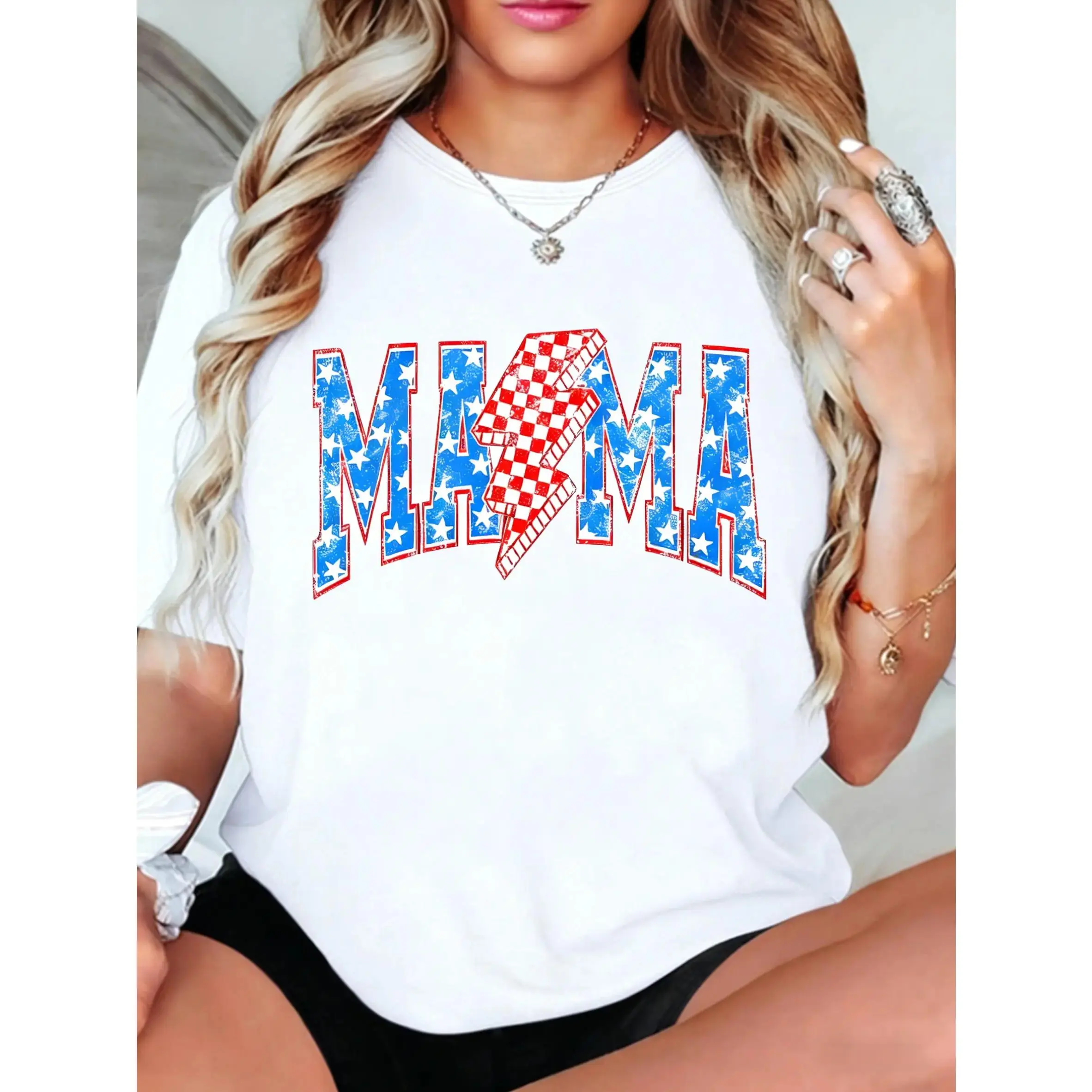 Women's Patriotic Mama Checkered Lightning Bolt Oversized Short-Sleeve T-Shirt - 4th of July Retro Vintage, Casual Streetwear, Round Neck, Comfortable Fit Graphic Tee, Shortsleeve, Tshirt, Women's Clothes, Tops For Women,summerwins,summeroutfits,vacationo