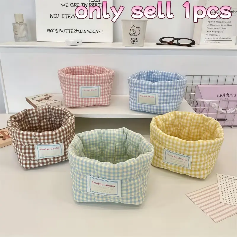 Classic Plaid Heart Pattern Storage Basket, Foldable Open Bucket Sewing Organizer, Multi-Scene Desktop Storage Box, Portable Decorative Container