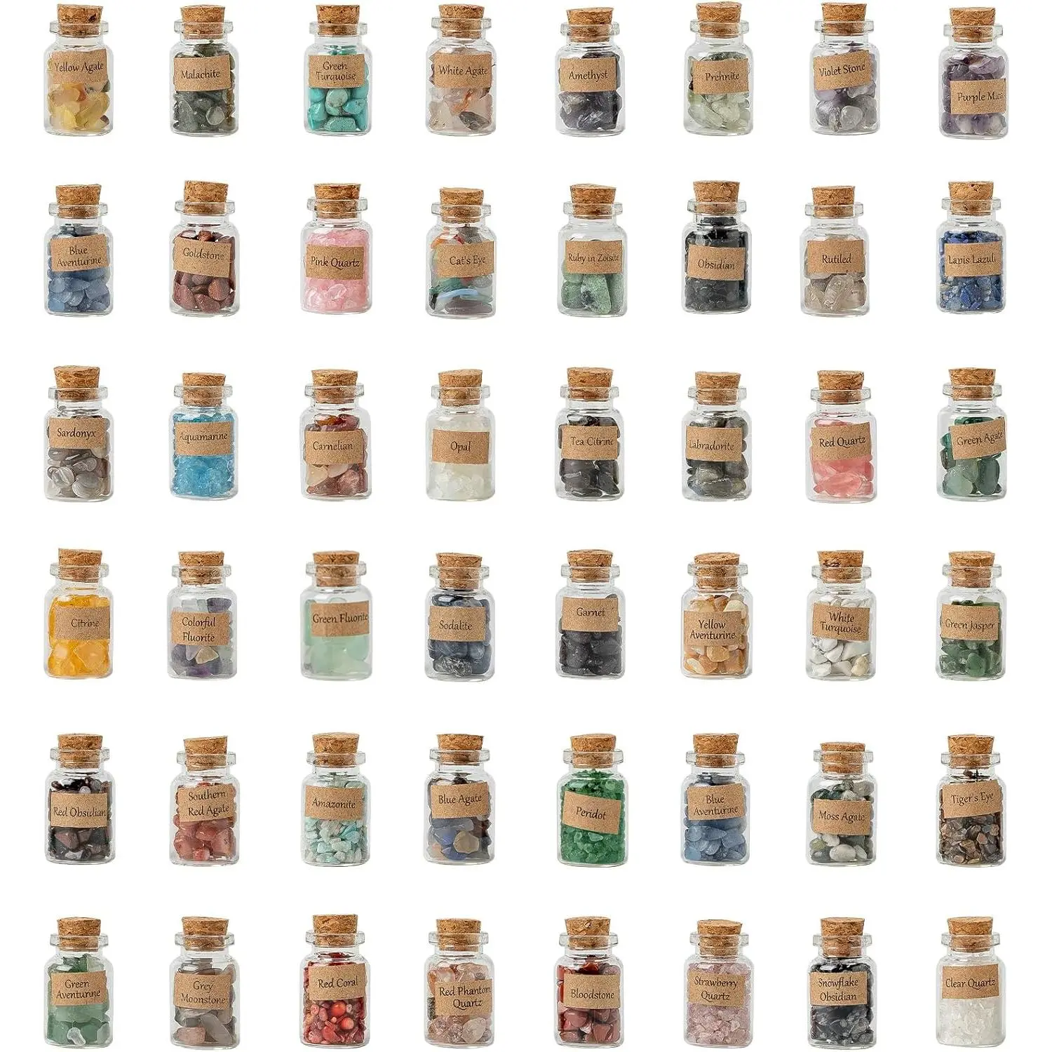 KHOCOEE 48pcs Different Crystals and Healing Stones, Gemstone and Crystals Bottles, Chakra Healing Crystals for Witchcraft, Great Choice for Gift, Collection and Home Decor