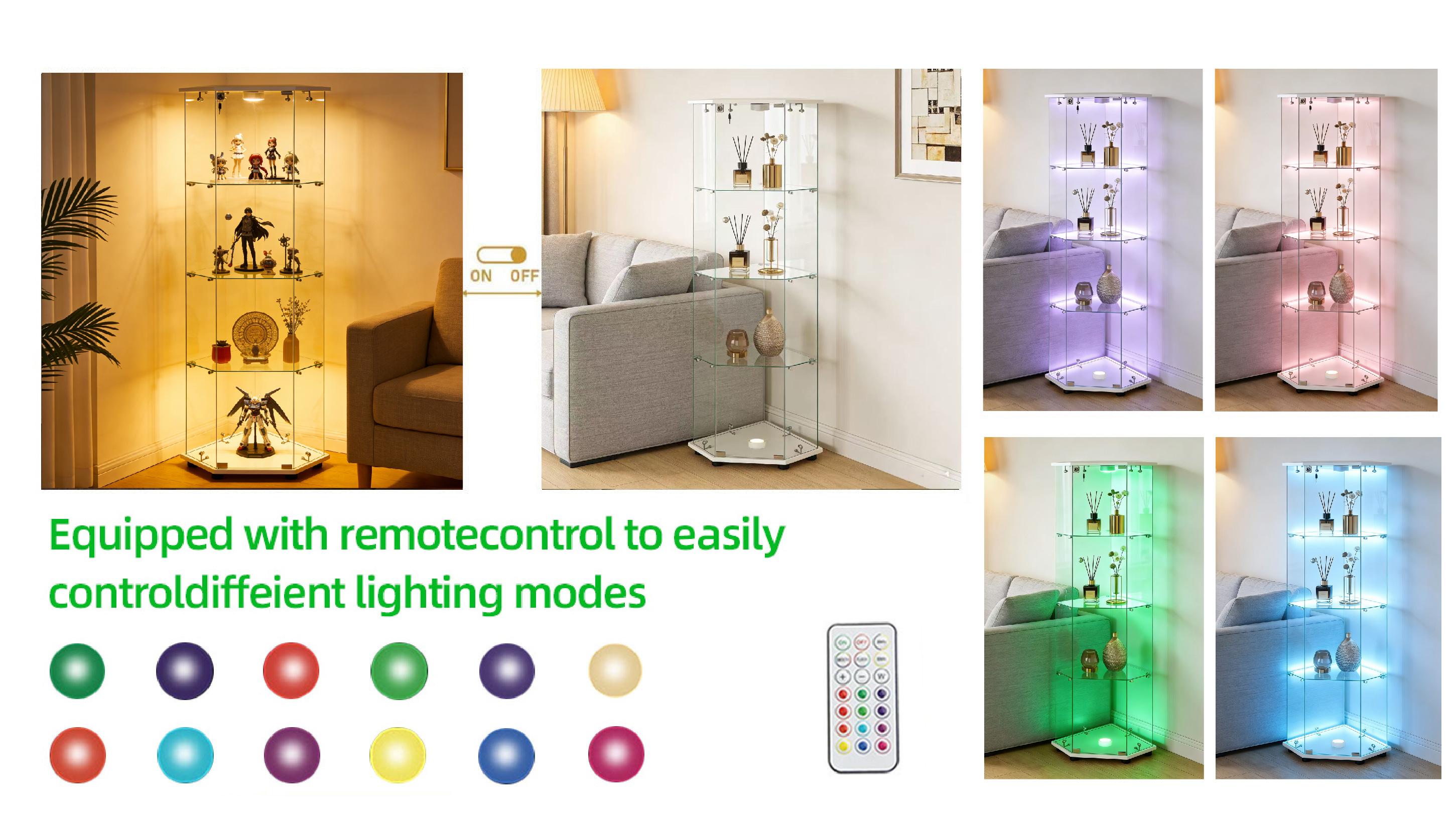 ARCH Tempered glass five-sided display cabinet,corner cabinet,liquor cabinet,with running lights,with locks,bottom equipped Adjustable foot,for various floors,living room,corridor,office, white