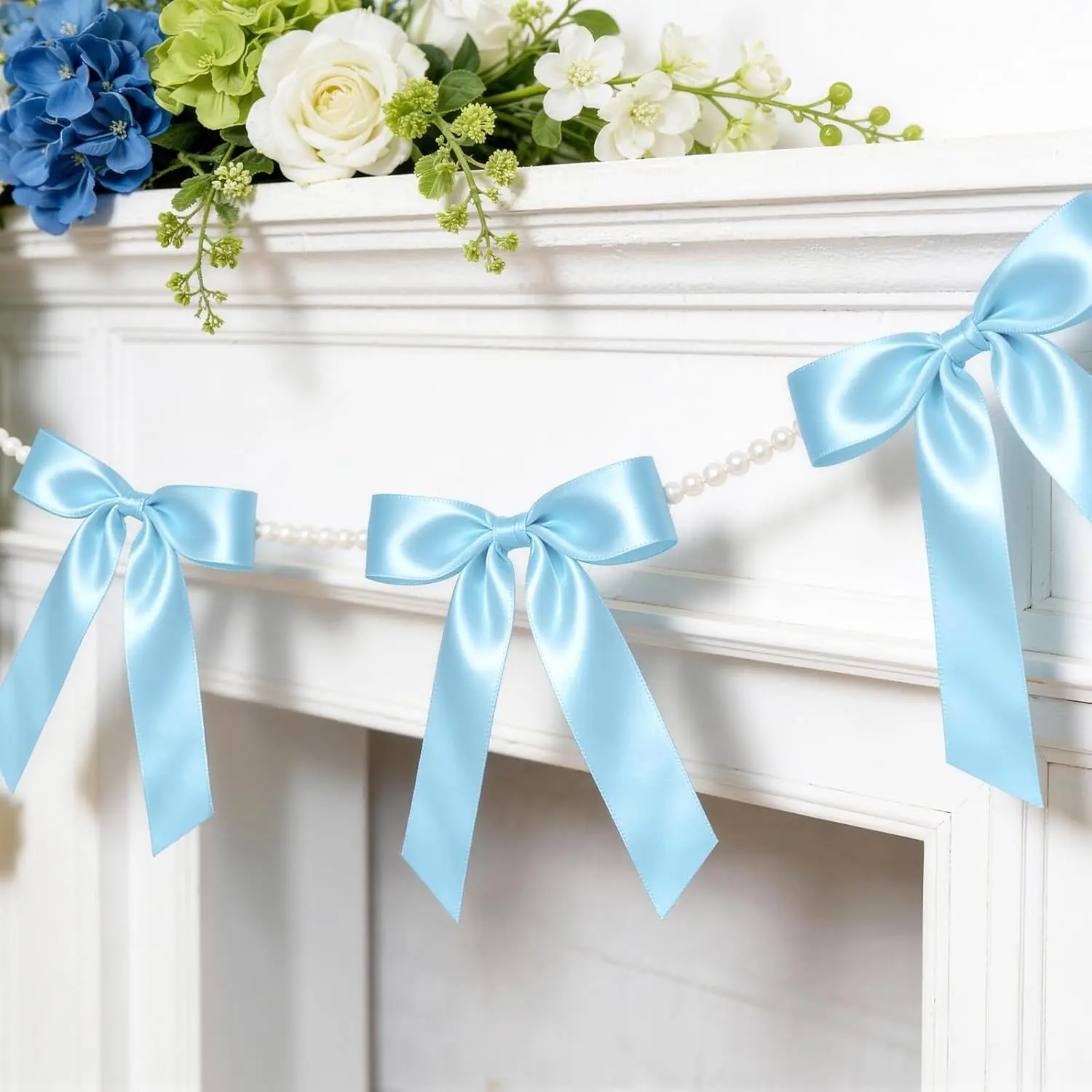 2 Strings Blue Bow Garland Banner, Pre-Strung Satin Ribbon with 6.5ft  Chain for  Shower, Birthday, Bridal Shower, Bachelorette Party, Engagement, Graduation & Anniversary Decor