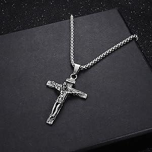 Fansilver Cross Necklace for Men Women Stainless Steel Jesus Crucifix Cross Pendant Venetian Chain 61 CM Jewellery Gift