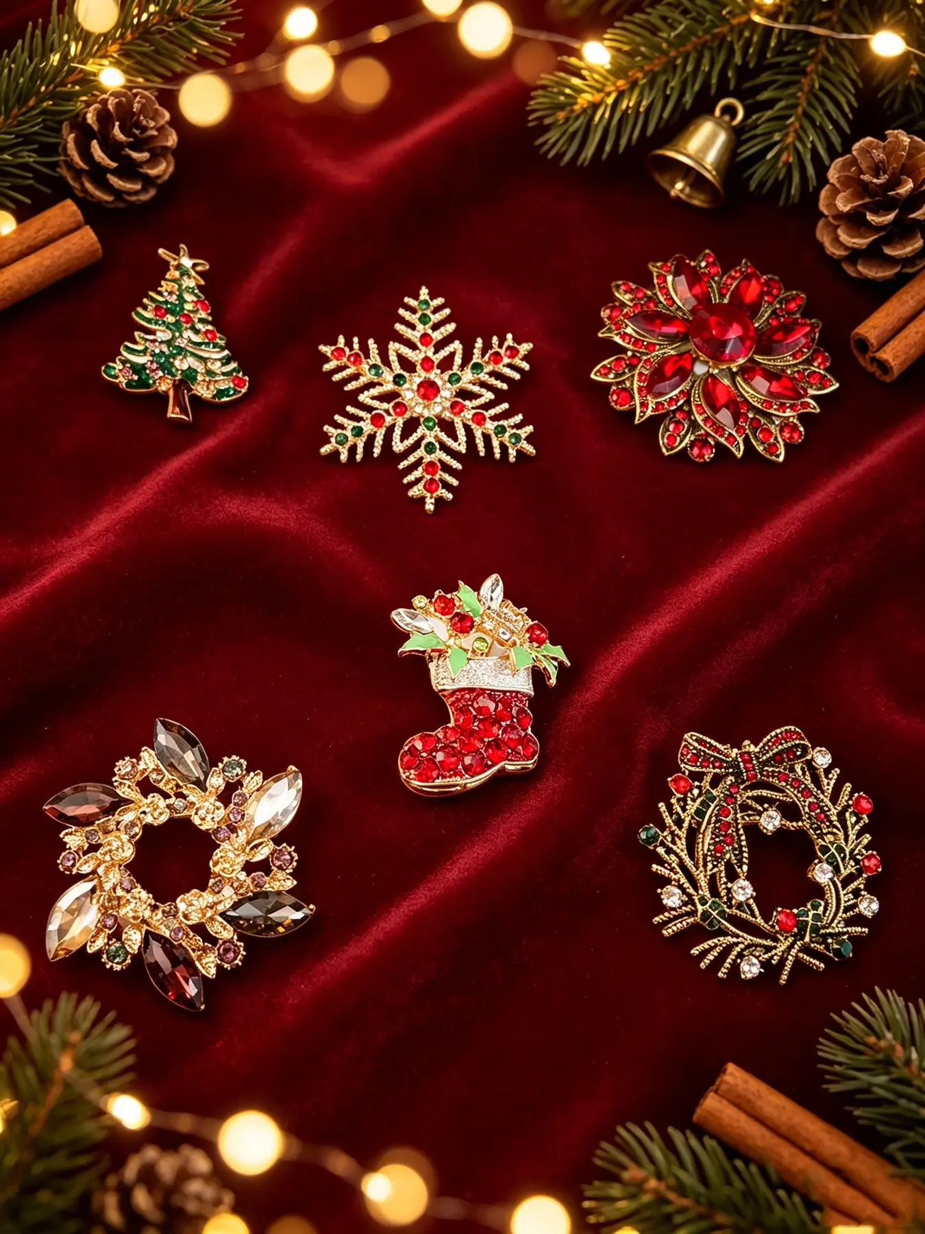6pcs Christmas Brooch Set, Vintage Rhinestone Enamel Holiday Pins, Decorative Clothing Accessory for Women, for Xmas Party, Daily Outfit, Gift Giving