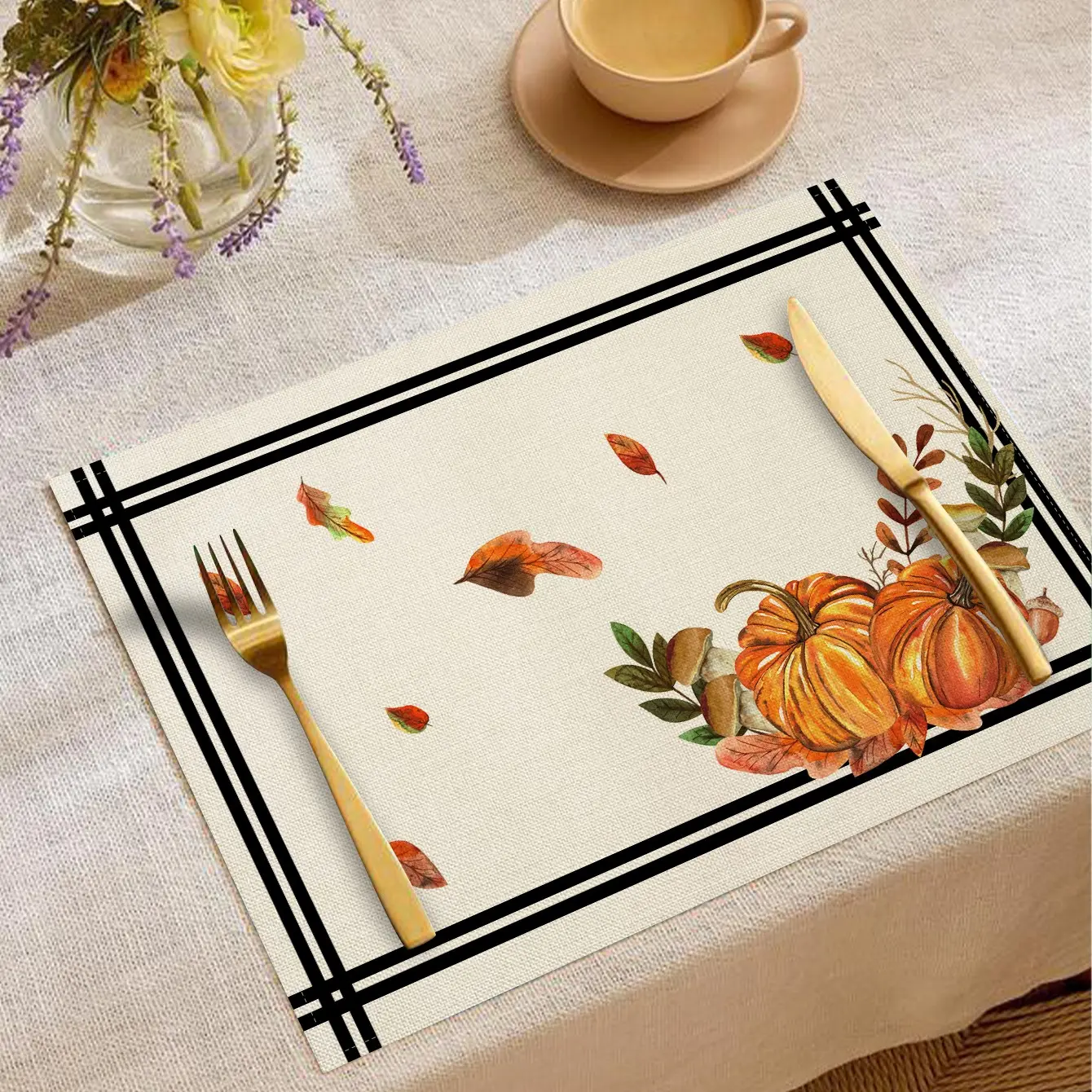 Autumn Thanksgiving Harvest Festival Placemats, Simple Striped Pumpkin Design, Heat Resistant, Ideal for Festive Dinners & Daily Use, Table Placemats