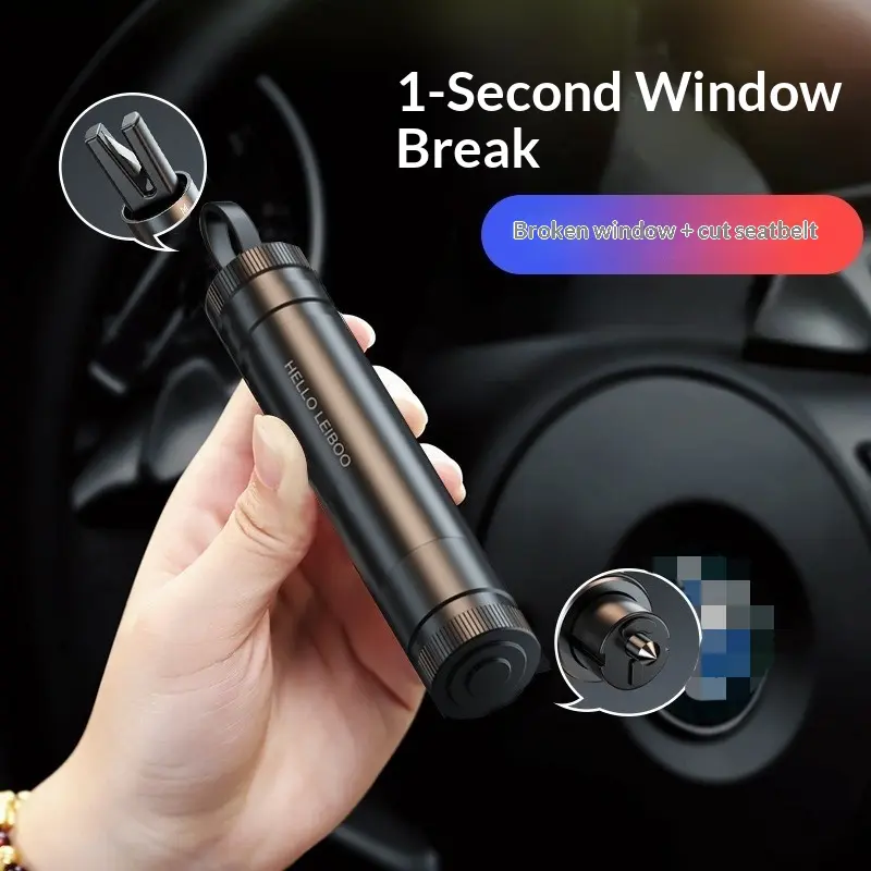 Tungsten Steel Tip With Stainless Steel Blade | For All Types Of Motor Vehicles | Compact Car Emergency Escape Tool | Instant Window Breaking Mechanism, Built-In Seatbelt Cutter, Matte Metal Shell With Fixed Mounting Base For Quick Access During Flooding