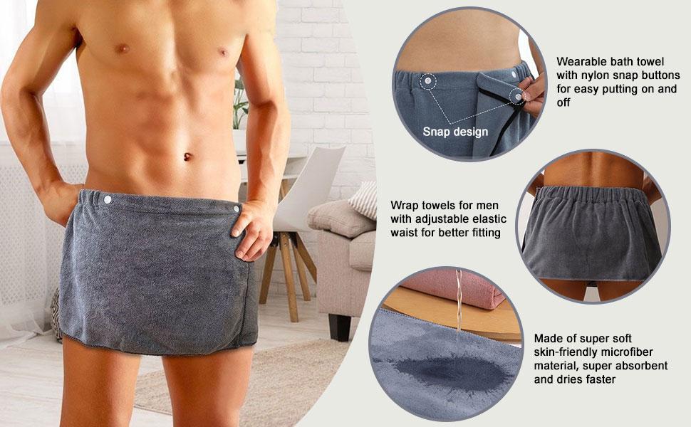 Men Boys Soft Wearable Bath Towel Short Pants Adjustable Mircofiber Towel Pool Beach Spa Bathing Shower Cover Up Wrap Around Towel (Grey)