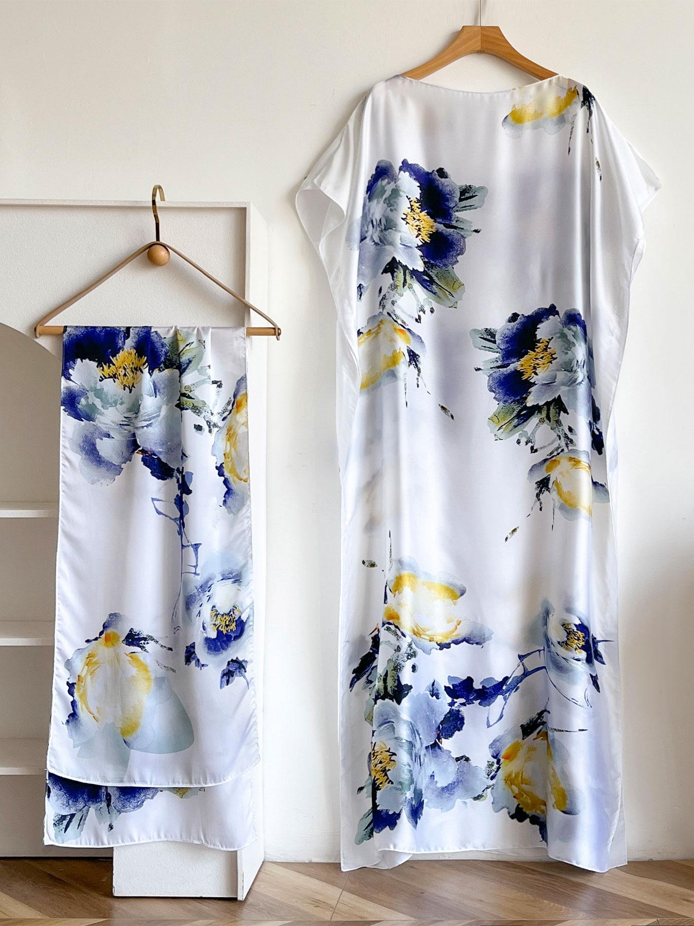 Women's Floral Print Dress & Scarf Set, Casual Elegant Set for Beach Vacation, Ladies Clothes Accessories