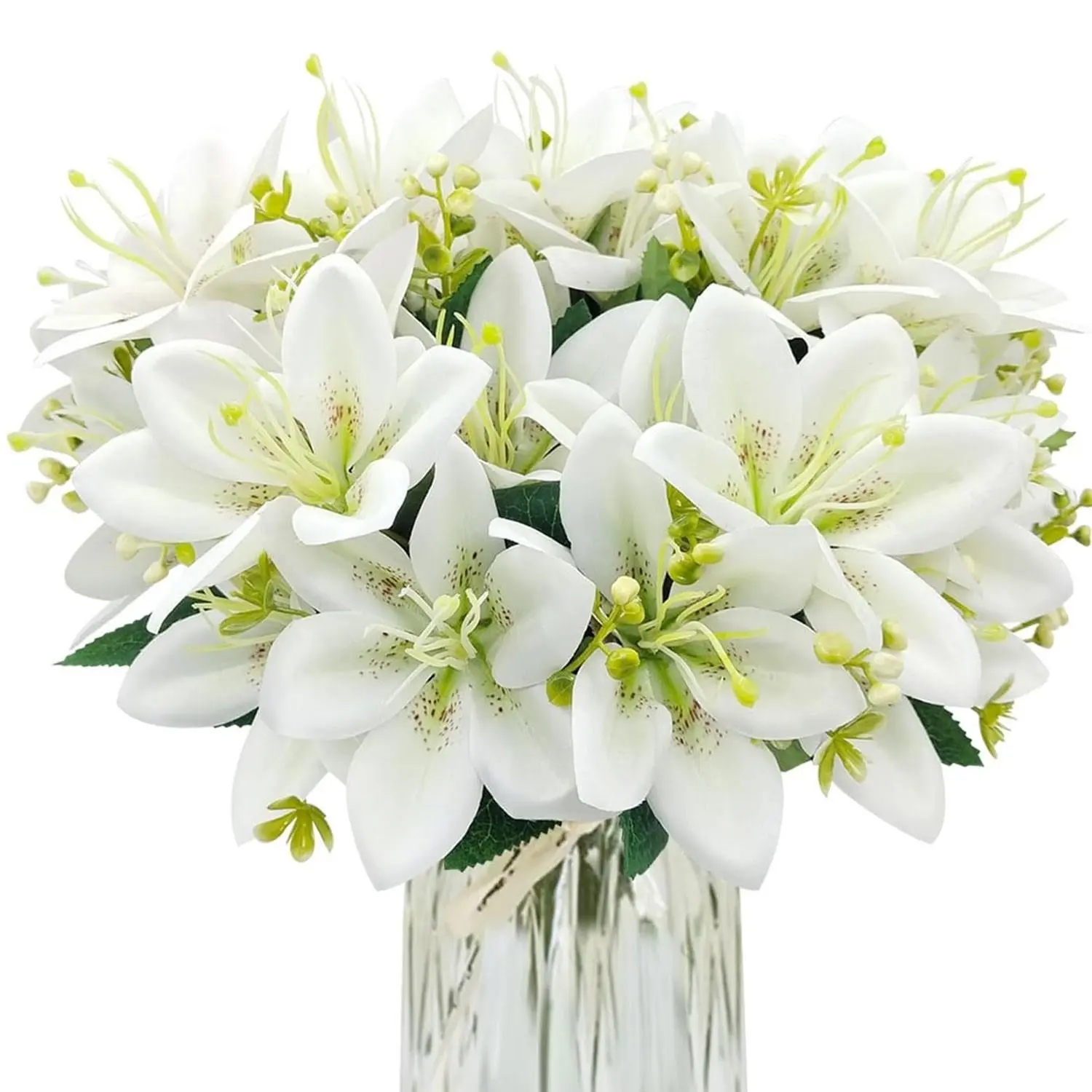 Humanized artificial tiger lily bouquet, 4 packages of white silk artificial flowers, suitable for wedding boutonnieres, Halloween, Christmas, family gatherings, can be used for decoration on indoor dining tables, hotel offices, and outdoor gardens (white