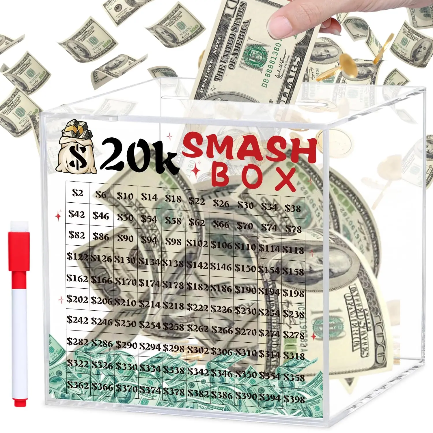 20k Smash Box Savings Challenge, Adult Money Bank, Large Cash Storage, Durable Transparent Acrylic, Force-Open Design, 7.1 Inches