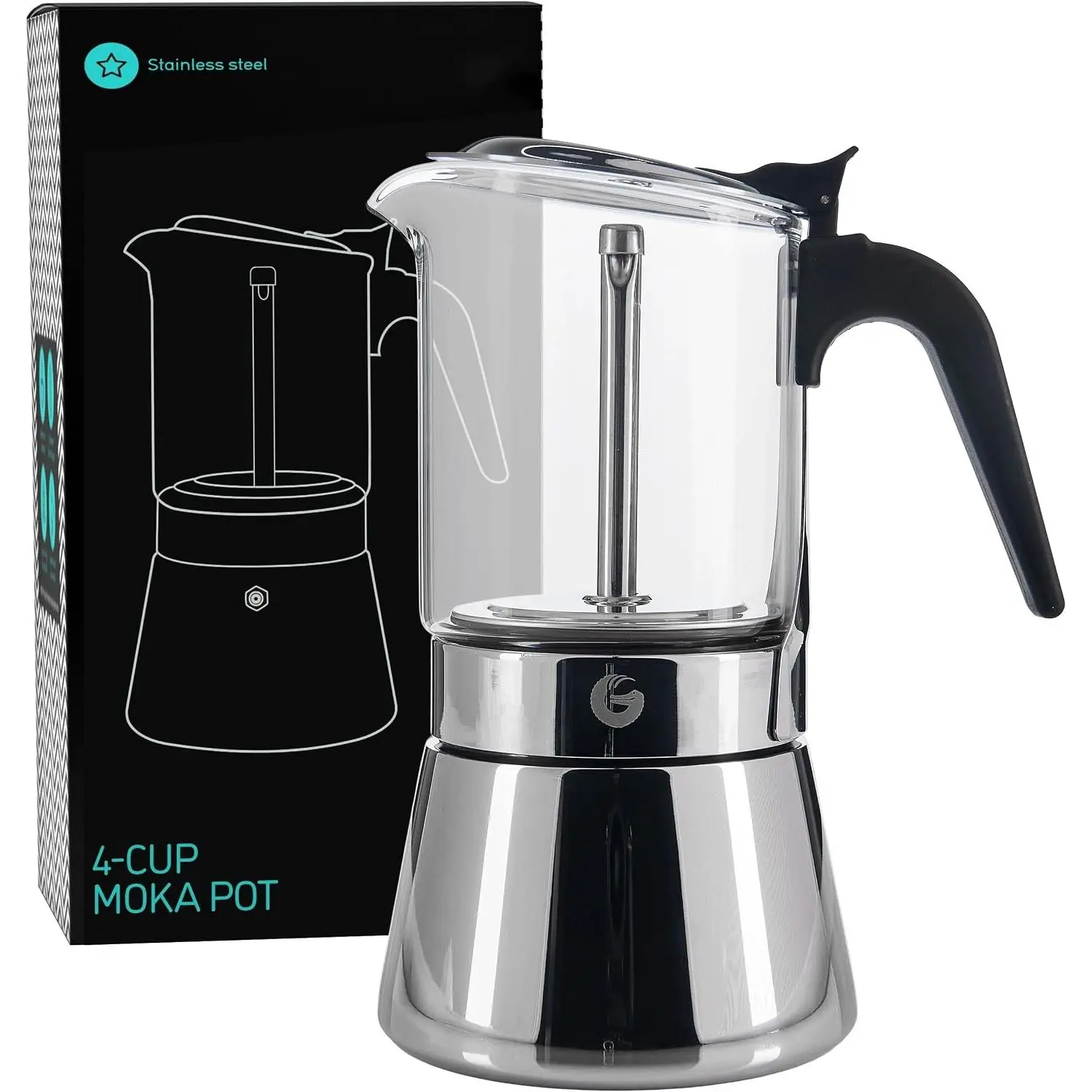 4 Cup Moka Pot, 6.7oz Stovetop Espresso Maker | for Italian , Transparent Glass & Stainless Steel Design, , 200ml