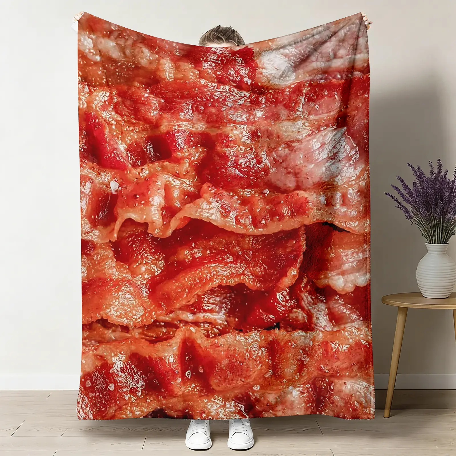 Bacon Throw Blanket, Realistic Crispy Food Flannel Blanket, Soft Cozy Warm Throw, Funny Cool Design, Gift for Him Her, Trendy Man Cave Couch Bedroom Decor ﻿ ultra-soft comfortable