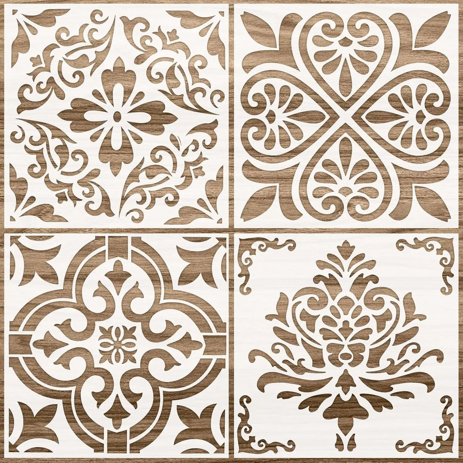 4 Pcs 12 x 12 Inches Reusable Tile Stencil for Painting Large Pattern Floor Wall Templates Flower Damask Talavera Moroccan Mehndi for DIY Crafts Concrete Plaster Decor(Flower Style)