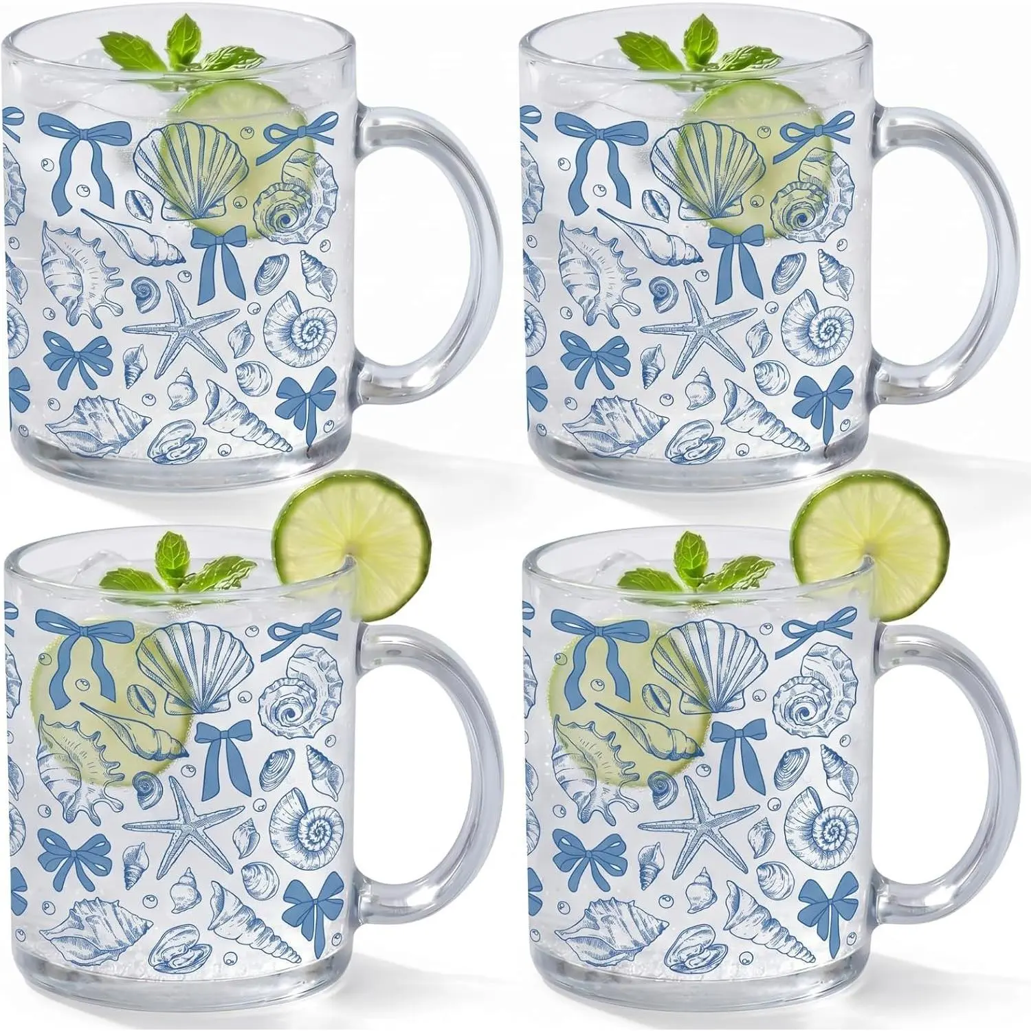 12 oz Classic Thick Sturdy Printed Glass Coffee Mugs with Blue Bow & Seashell Design, 4-Count Coastal Beach Drinkware, Fruit-Themed Marine Sea Gifts for Bachelorette Party
