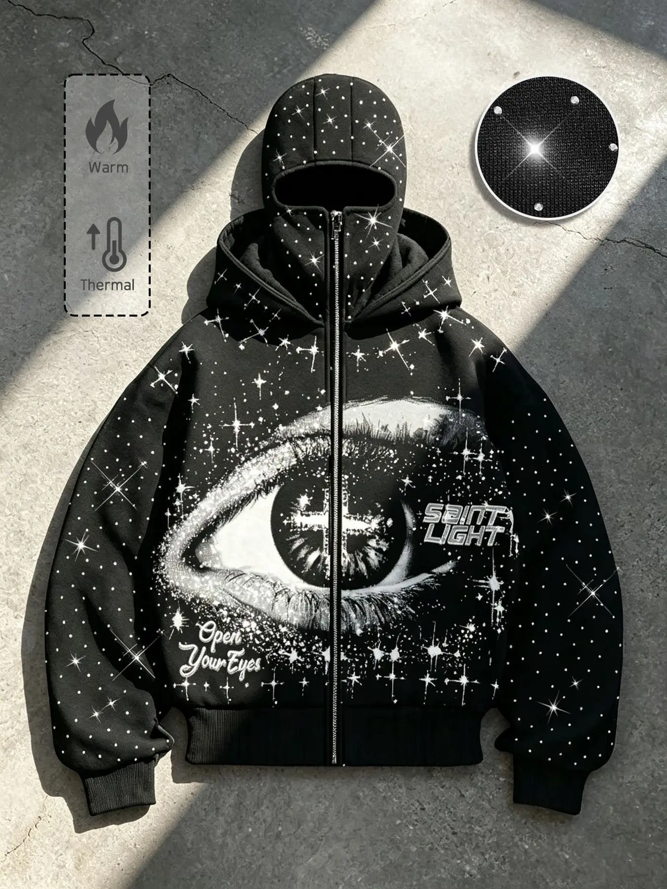 Y2K Street Retro Starry Sky Rhinestone Eye Zipper Sweatshirt, Fleece Zipper Hoodie, Black Full Rhinestone Fleece Lined Men's Jacket, Fleece Lined Men's Sweatshirt, Autumn and Winter Casual Outing Top