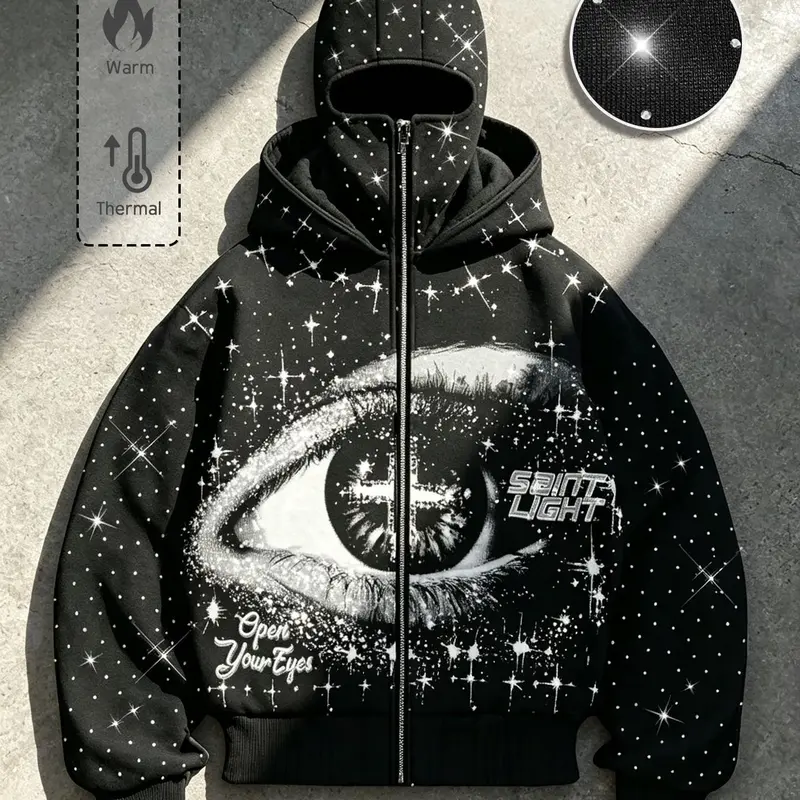 Y2K Street Retro Rhinestone Eye Zipper Sweatshirt, Graphic Print Hoodie, Graphic Hoodies, Black Full Rhinestone Fleece Lined Men's Jacket, Autumn and Winter Casual Outing Top