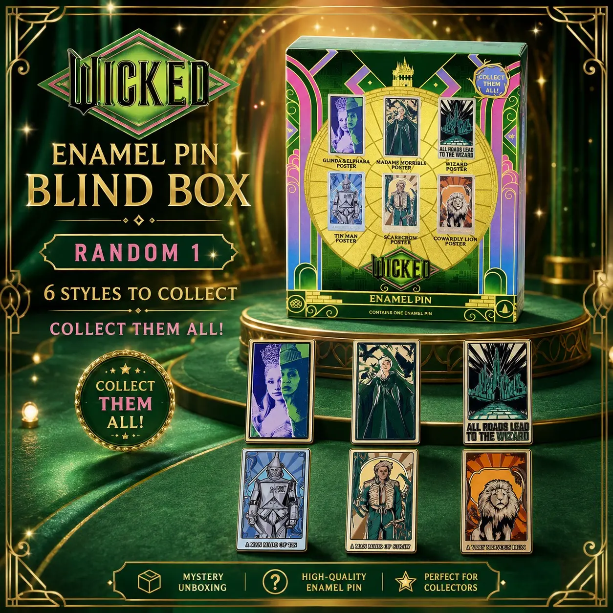 Universal Studios Wicked Enamel Pin Blind Box, Blind Bag Collectible, Glinda Elphaba Movie Poster, Metal Badge, Mystery Backpack Lapel Brooch, Fan Gift