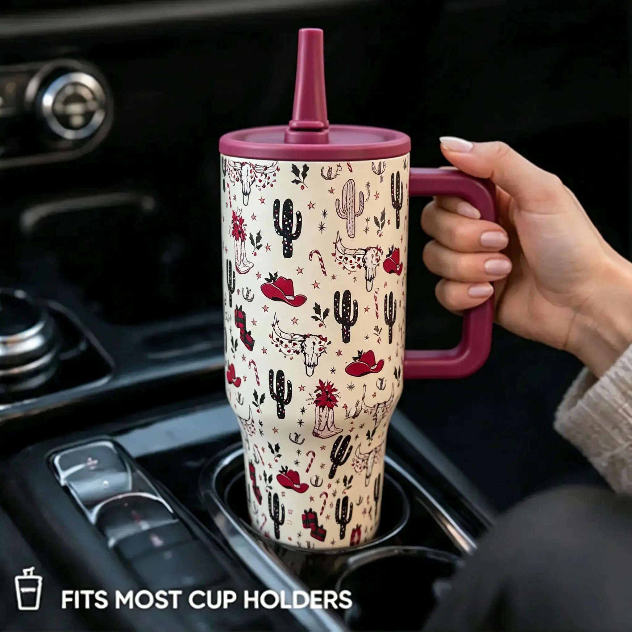HydroJug 40oz Insulated Stainless  Tumbler Western Cowboy Cactus Christmas Print Burgundy Handle Lid & Straw 18/8 Food Grade  Leak Proof Twist Lid Keeps Cold 24 Hours Cup Holder Friendly Non-Slip Rubber Base BPA Free Large Hydration Mug For Gym