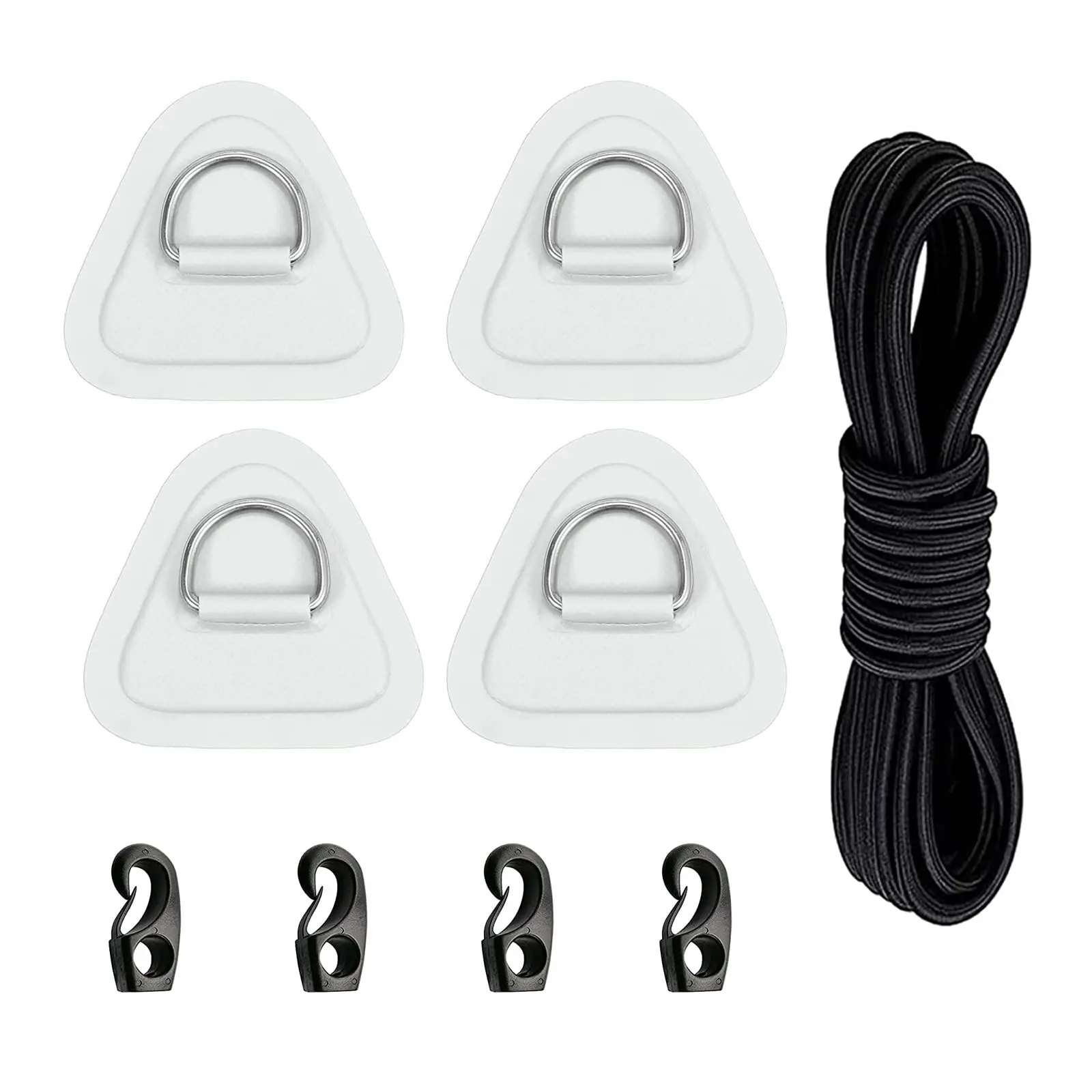 4-piece white stainless steel paddleboard D-ring kit, 3.54-inch triangular D-ring patches, inflatable boat PVC patches, SUP kayak canoe deck accessories, comes with 2.5m bungee cord and 4 rope hooks, easy to install.