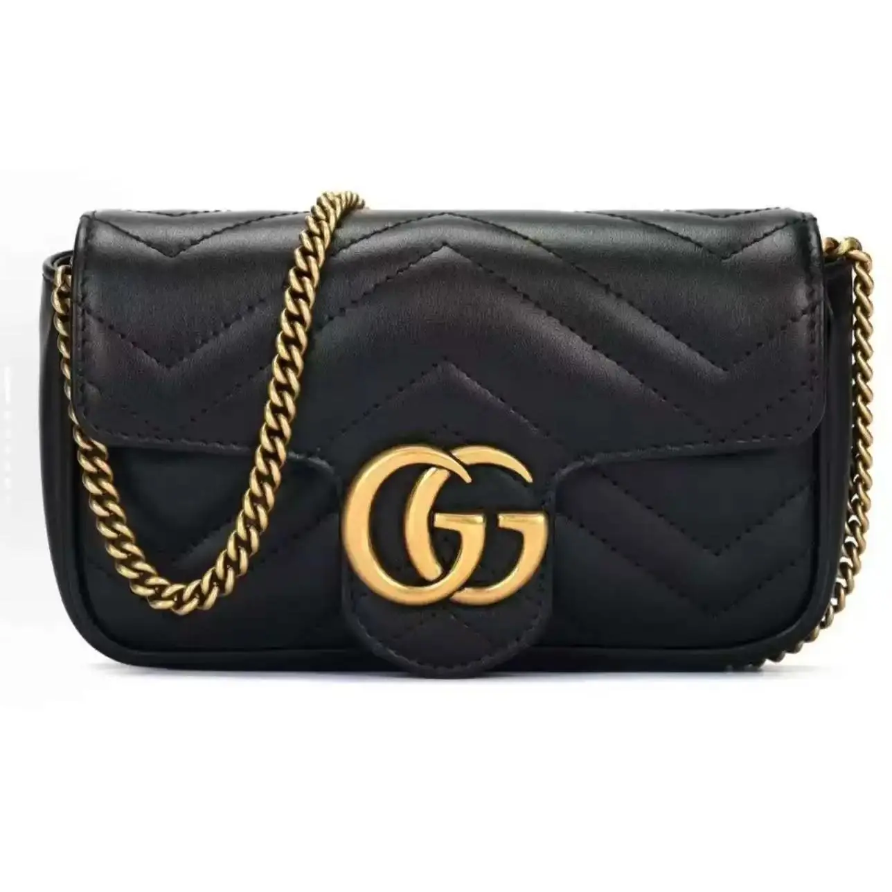 Pre-owned GUCCI GG Marmont Mini Black Matelassé Chevron Lambskin Leather Shoulder