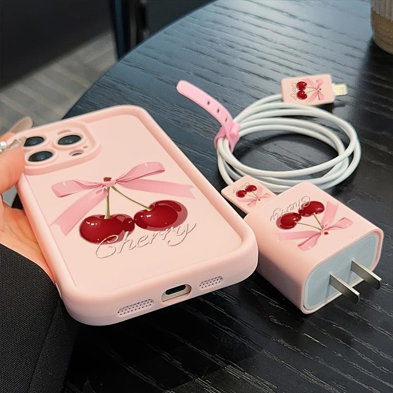 Cherry & Bowknot Pattern Phone Case with Charger Head Cover & Cable Protector & Storage Rope, Anti-drop Phone Cases for iPhone, Casing