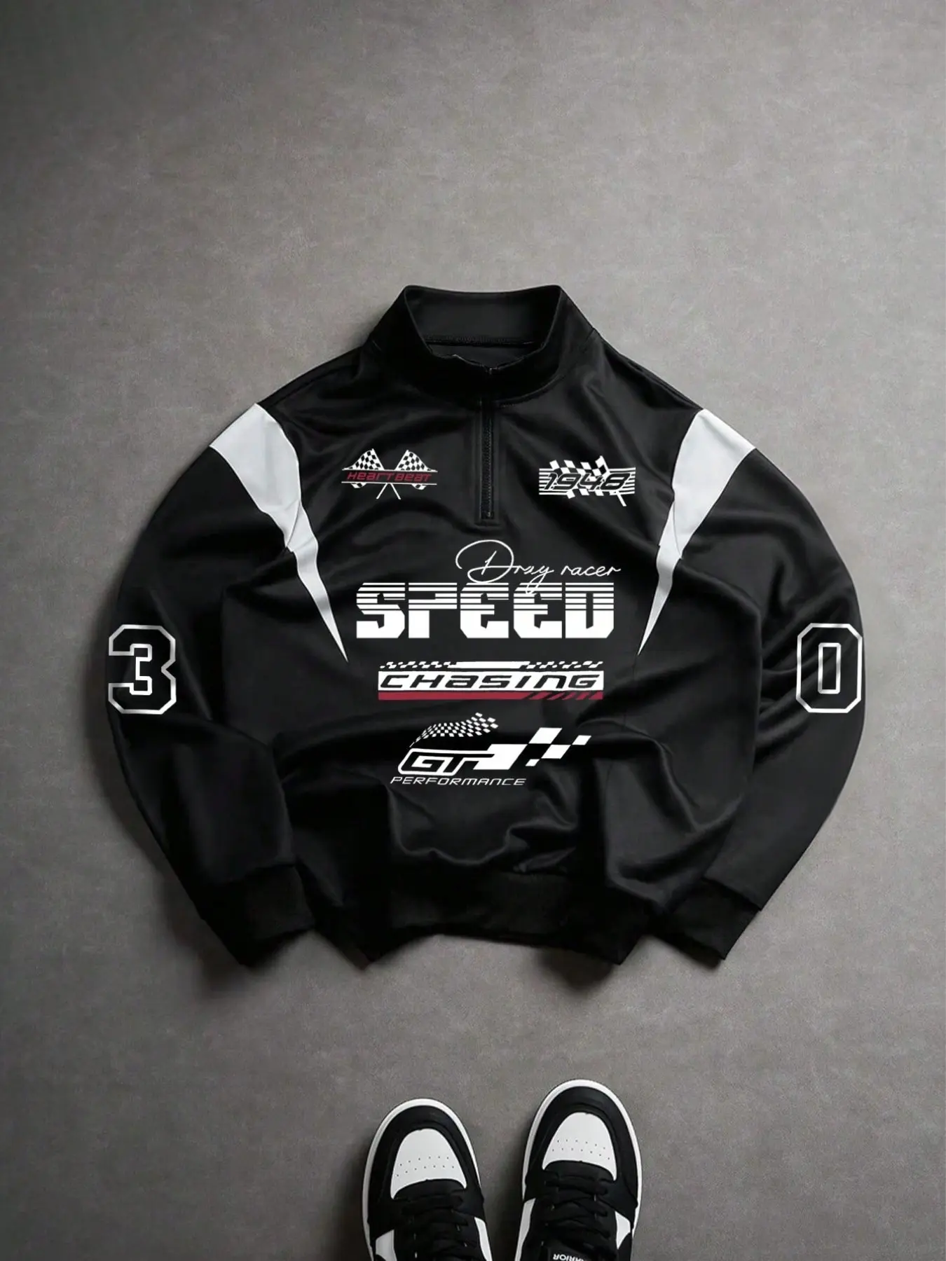 American Gt Racing Jacket, Half-Zip Stand Collar, Quick-Dry Polyester, Graphic Print, Loose Fit, Spring & Fall Sweatshirt