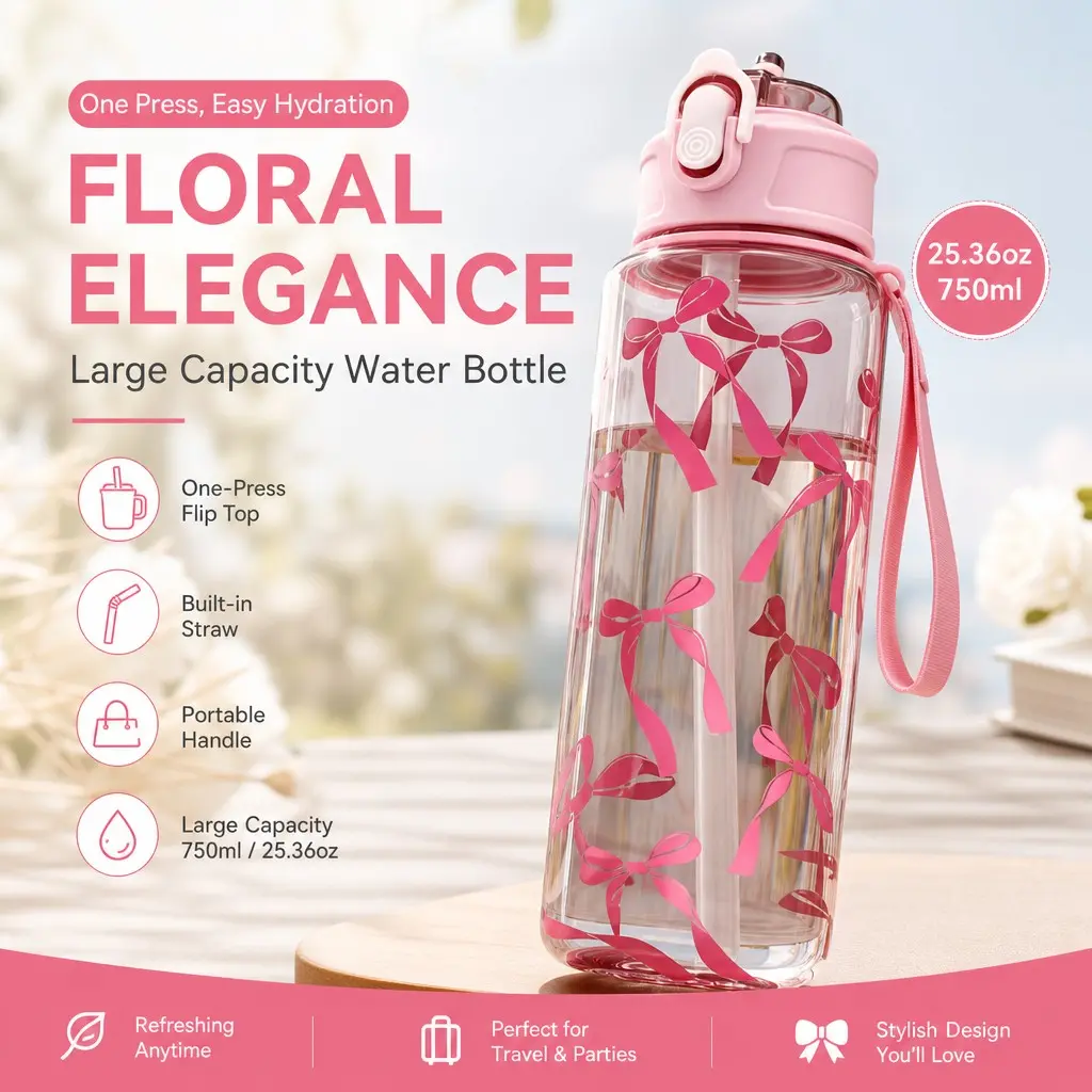 25.36oz Floral Bow Large Capacity Water Bottle, Fresh and Easy to Use, High Aesthetic Straw Cup with Handle, Portable for Travel and Parties, One-Button Lid Portable Water Bottles