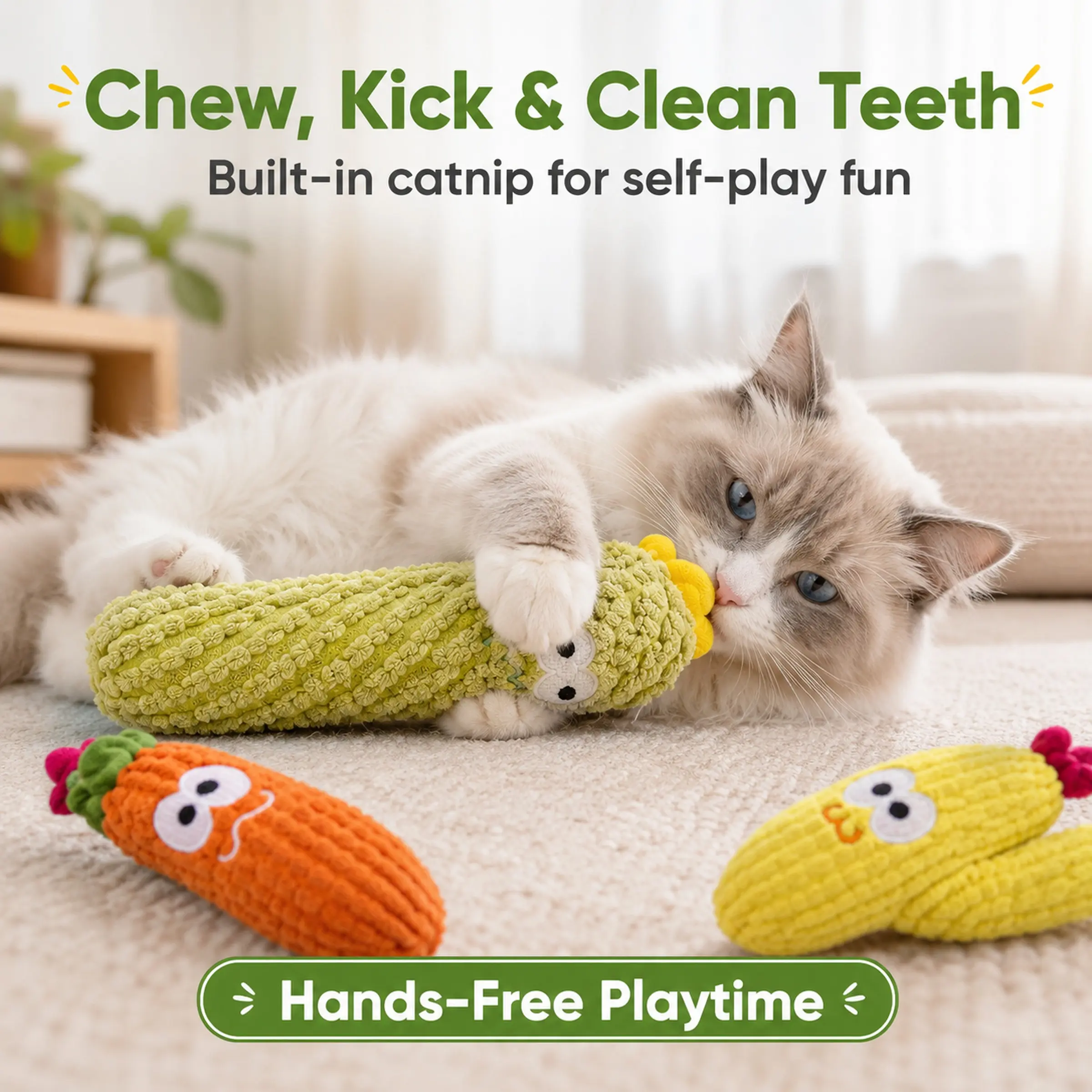 5-Piece Cactus Cat Mint Chewing Toy Set, Cute Plush Cactus Design, Dental Care, Kick & Play, Self-Entertainment, Ideal for Cats & Kittens