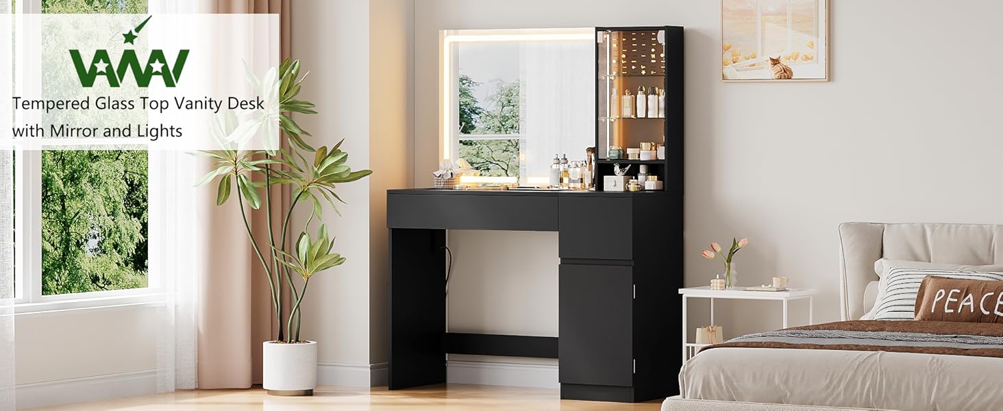 wanan 41" Vanity Desk with Glass Top, Black Vanity with Mirror and Lights, Power Outlet, Jewelry Storage, 3 Adjustable Lighting Modes, Makeup Vanity with 2 Drawers for Bedroom