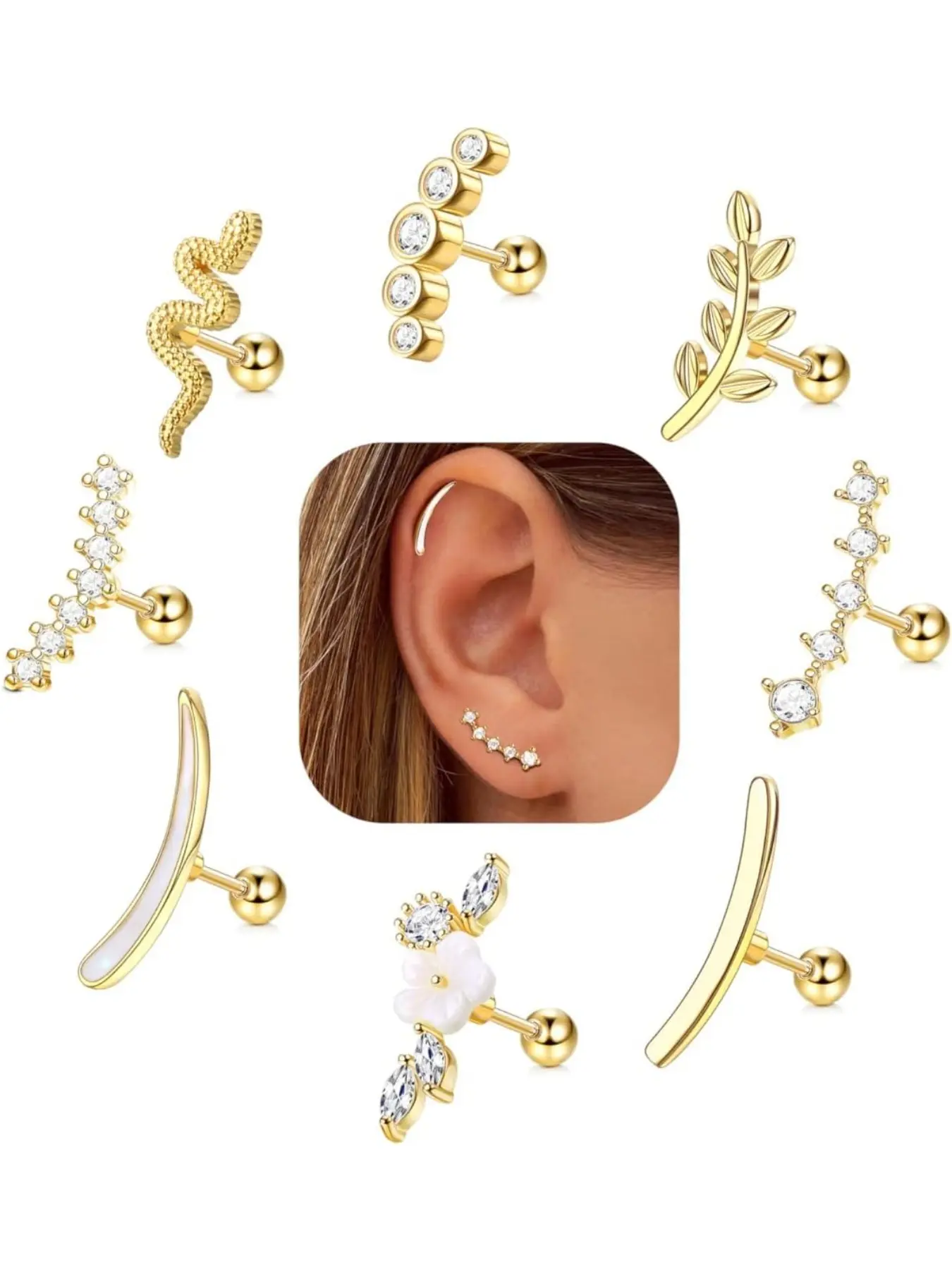 STEEL 8 PCS 16G Cartilage Earrings Helix Piercing Jewelry for Women Stainless Steel Opal CZ Conch Daith Tragus Piercing Jewelry Flower Snake Leaf Screw Back Stud Earrings Set