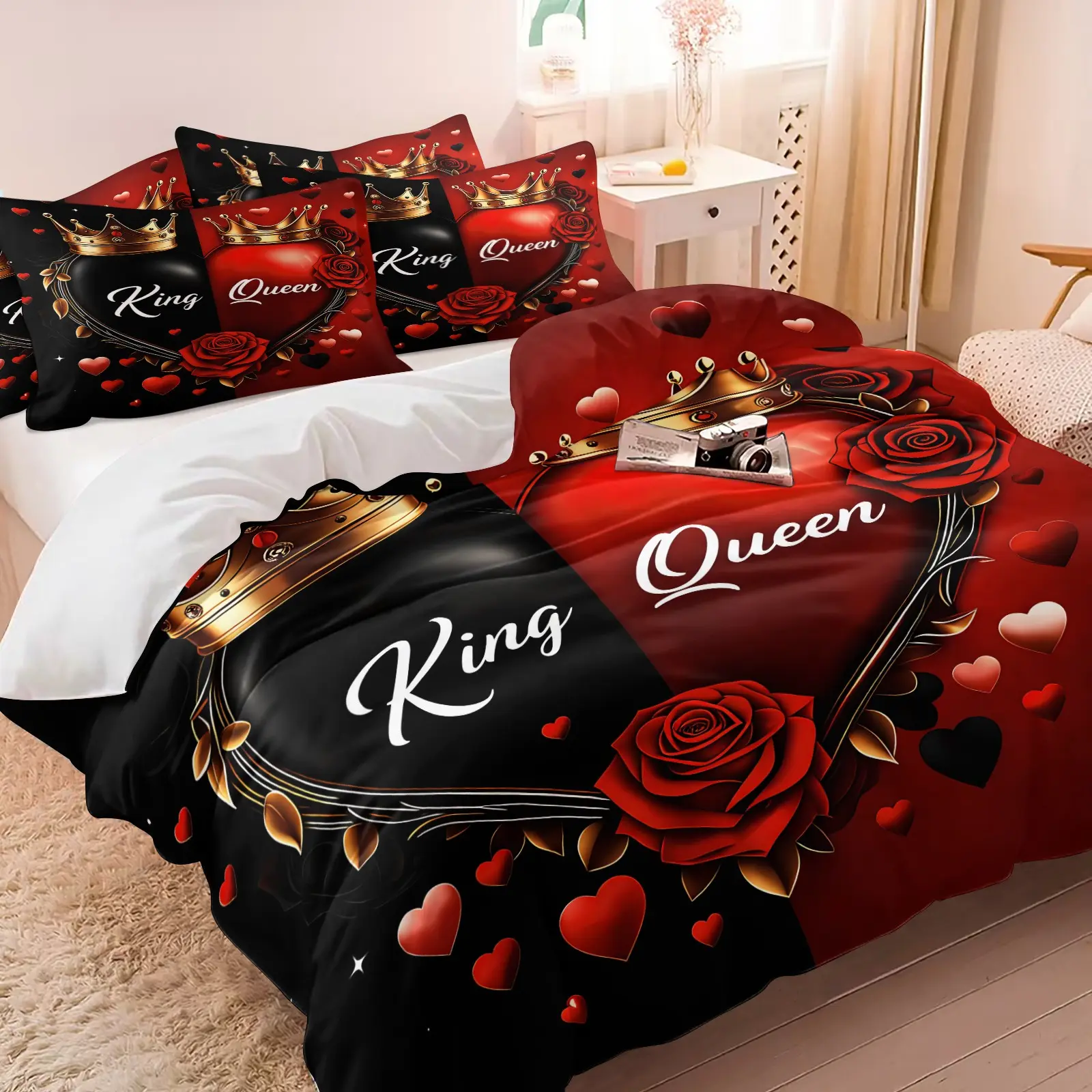 3PCS King Queen Crown Heart Rose Duvet Cover Set (1 Duvet Cover + 1-2 Pillowcases), Soft Cozy Skin-Friendly Bedding, Black Red Split Heart Golden Crown Red Rose HD Digital Print, Perfect for Couple Bedroom Decor, Twin Full Queen Sizes