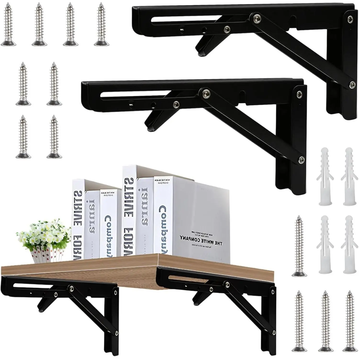 Folding Shelf Brackets - 8 Inch 2 Pcs Heavy Duty Collapsible Shelves Brackets for Bench Table, Wall Mounted Folding Table Hinge Space Saving DIY Bracket with Screws (Black)