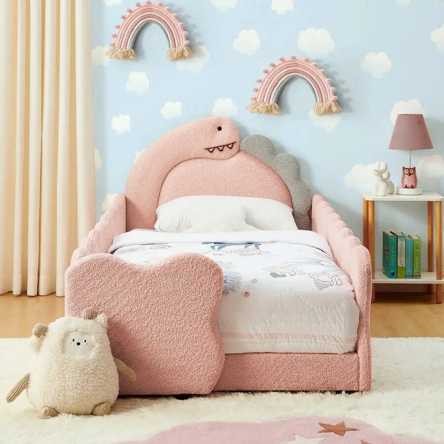 Twin Size Dinosaur Shaped Upholstered Bed Frame, 3D Dinosaur Headboard Platform Bed With Padded Guardrails, Bouclé Floor Bed, Solid Wood Slats And Reinforced Metal Frame, Space Saving Bed Small Bedroom, Apartment, Modern Home Decor