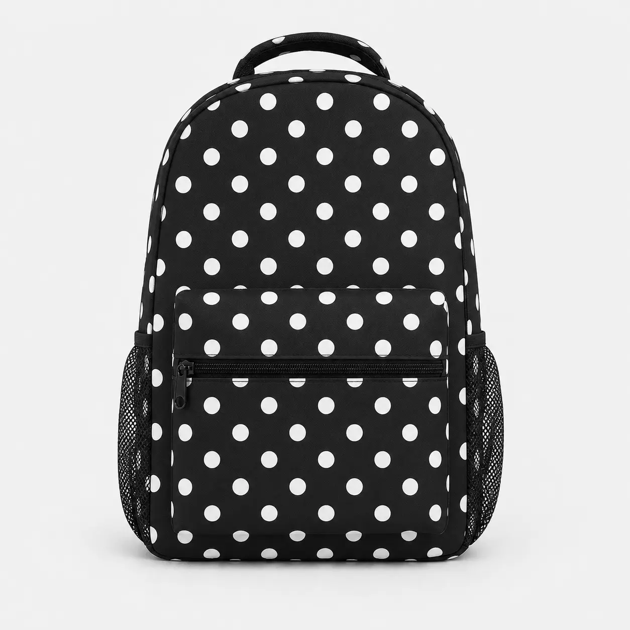 Black and White Polka Dot Backpack, Retro Printed Fashion Daypack with Front Zipper Pocket, Dual Mesh Side Pockets, Top Handle and Adjustable Shoulder Straps for School, Work, Travel and Everyday Use
