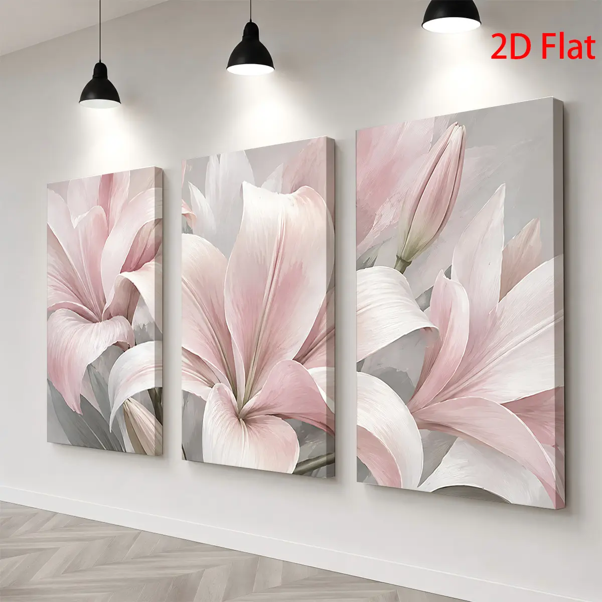 2D canvas, three-piece set of paintings--three canvases, featuring soft pink lilies on a gray background, themed canvas wall art, waterproof canvas print, ready to hang. Suitable for home room decoration, can be used as a gift for Father's Day, graduation