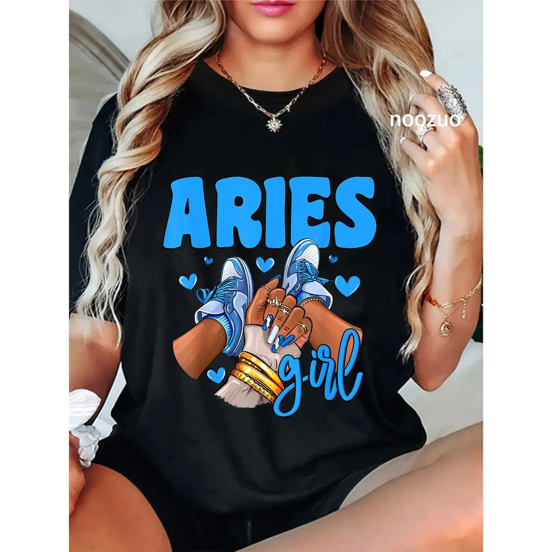 Women's 100% Cotton Aries Zodiac Sign Graphic Print T-Shirt - Vintage Streetwear, Everyday Wear, Black, Big Size.