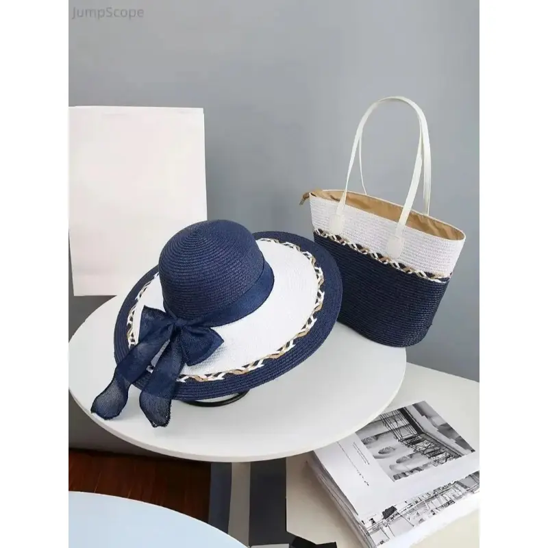 Women's Funky Baroque Tote Bag & Foldable Sun Hat Set, 2-Piece Hand-Woven Combo with Colorblock Design, Lightweight for a Beach Party, Peppy, Glamorous, Anniversary