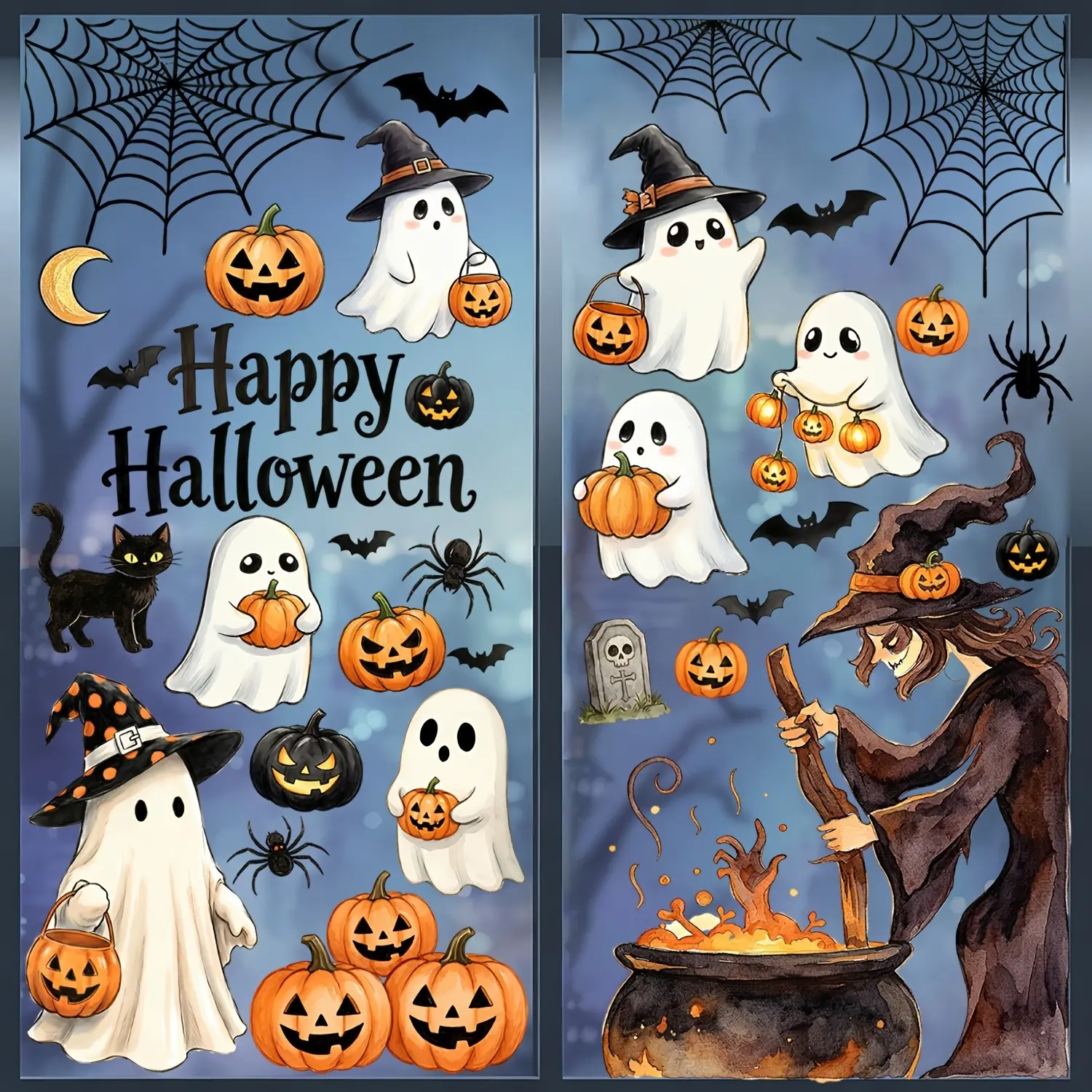 Halloween Window Stickers, 6 Sheets/61 Pcs, Ghosts, Pumpkins, Cats, Witches, Spiderwebs, Bats, Happy Halloween, Festive Atmosphere