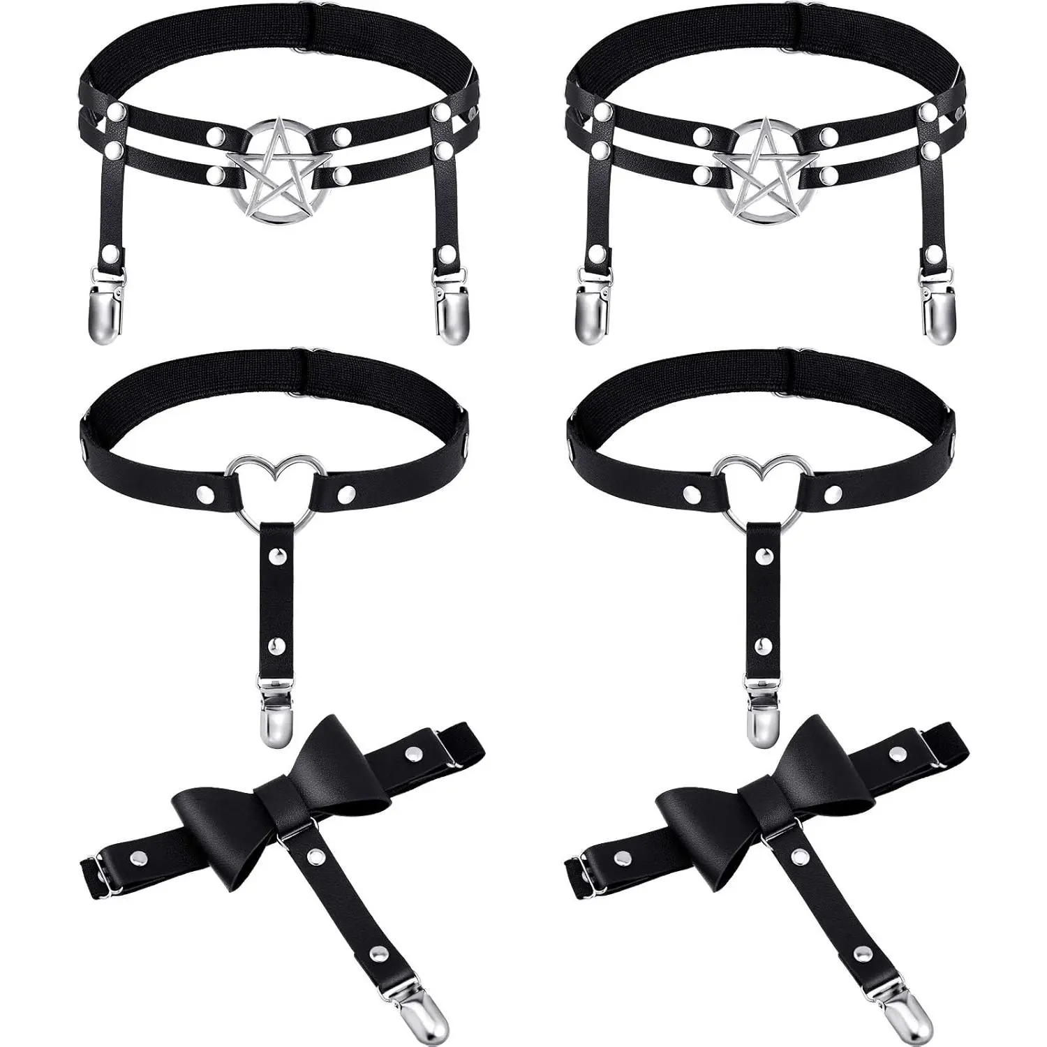 New Syhood 6 Pieces Thigh High Garter Belt Heart Star Shaped Butterfly Knot Punk Leg Garter with Anti Slip Clips Elastic Punk Gothic Adjustable Thigh Ring for Women