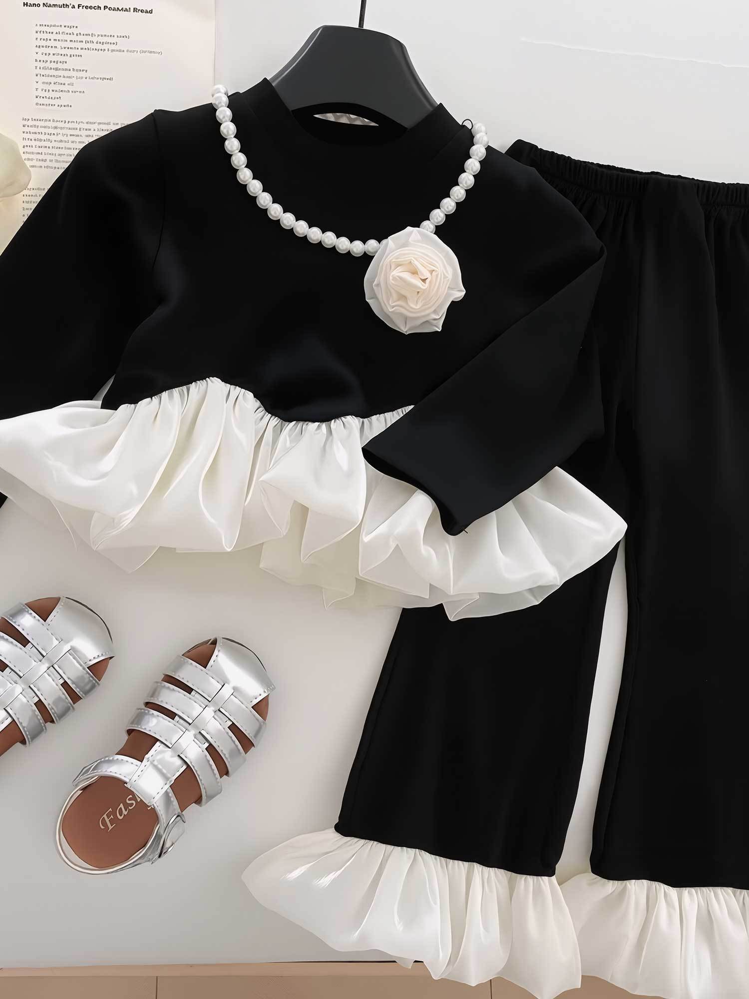 Chic Little Girl Fashion Set - Black Style Top with Floral Embroidery and Ruffled Edges + Ruffled Wide - Leg Pants, New Autumn Style for Young Girls, Loose, Comfortable and Stylish Set, Perfect for, Christmas Dress, Girls Christmas Outfit, Girls Clothes,