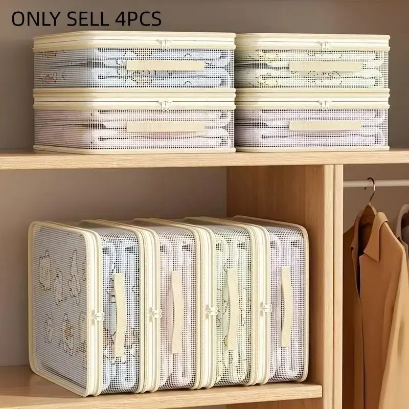 Foldable Bed Sheet Storage Bag Set (4 Pcs) with Strong Zipper Large Capacity Blanket Organizer for Closet and Cabinet, Space-Saving Fabric Clothes Bag, Space Saving Bags